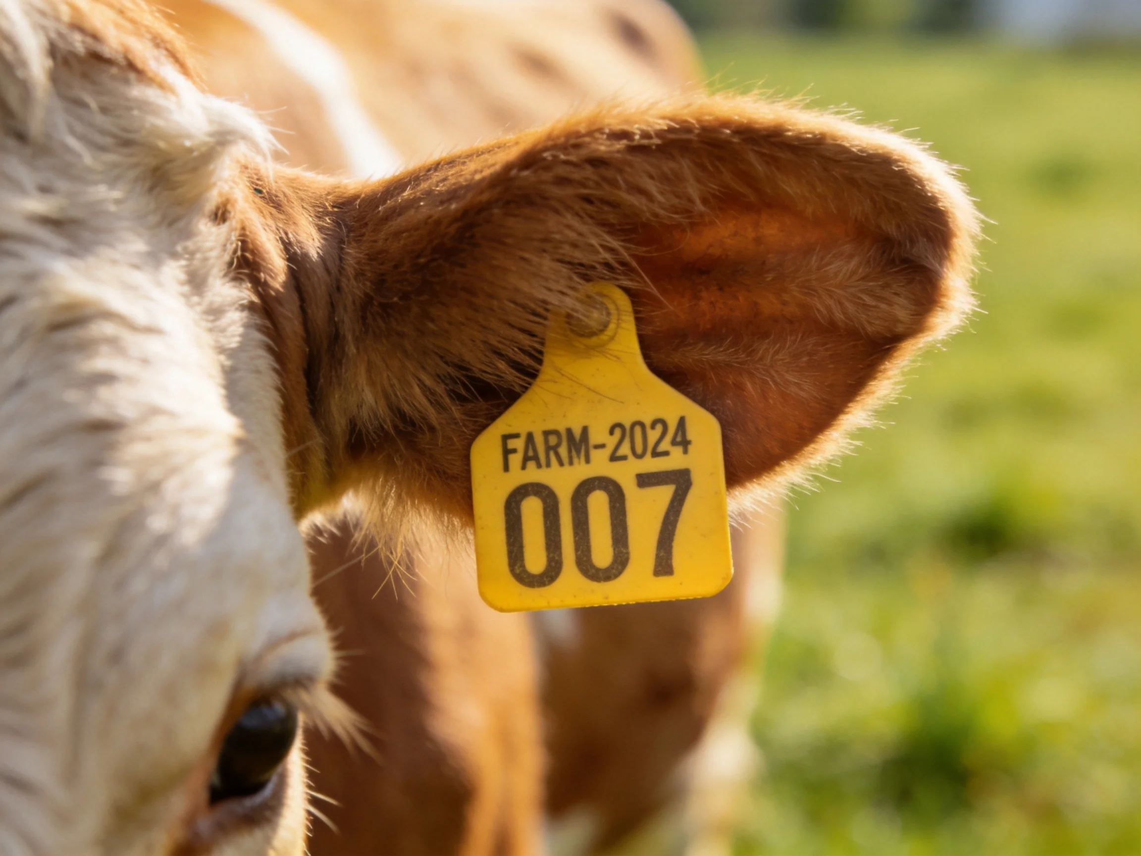 A close-up of a brown and white cow with a yellow ear tag in a sunny field.