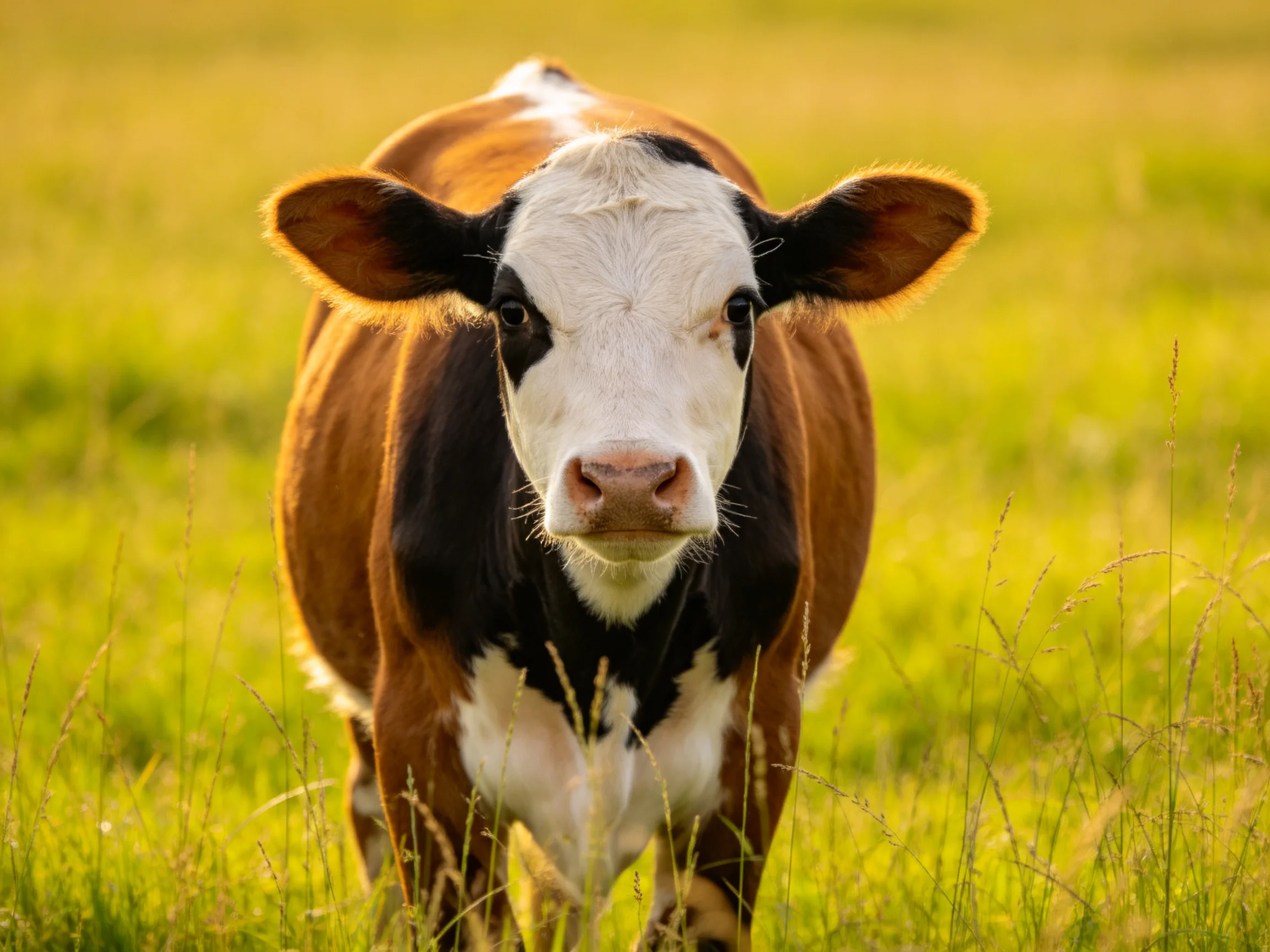 A brown and white cow with black markings stands in a sunlit green field.