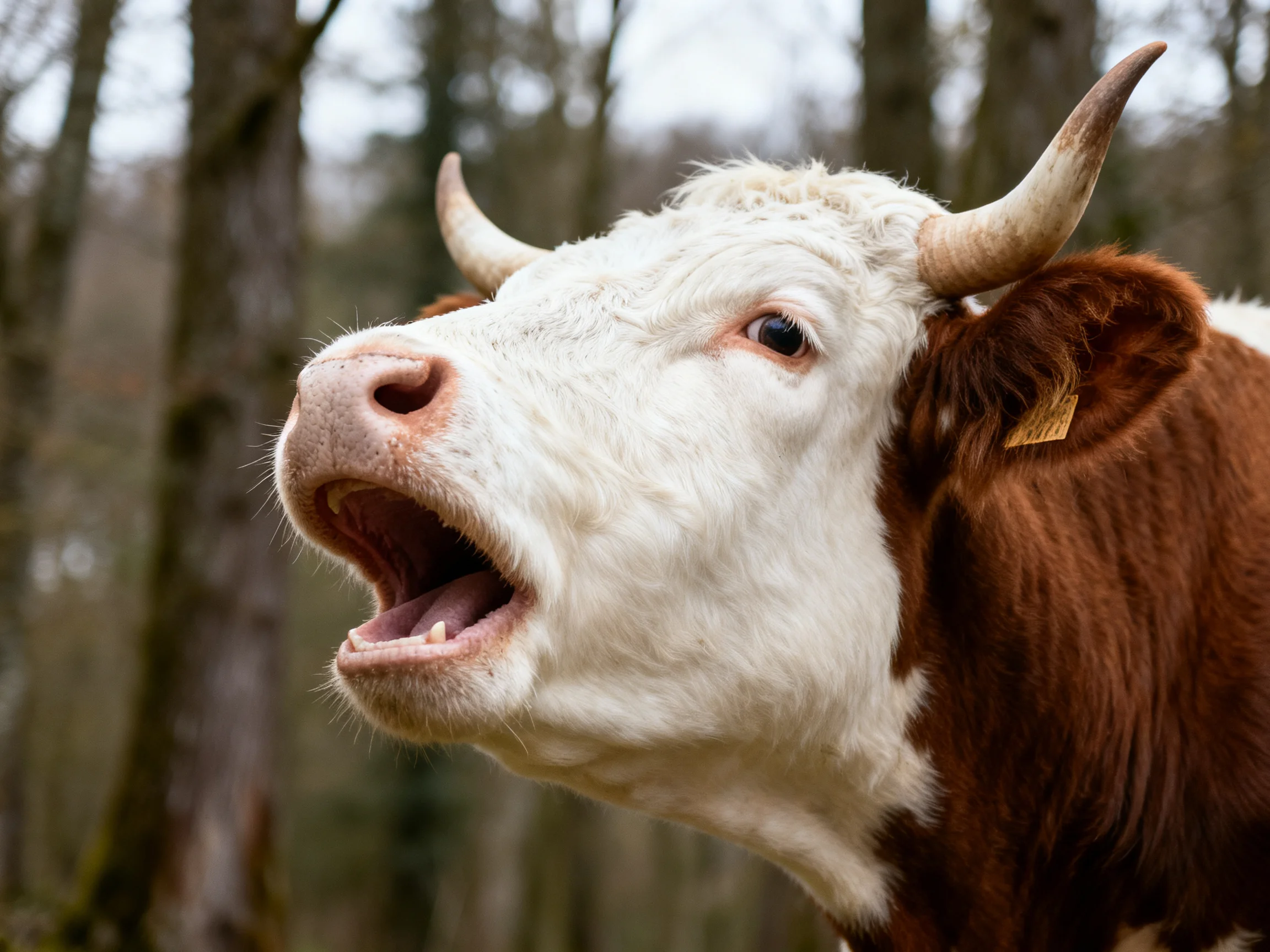 A brown and white cow with curved horns in a forest
