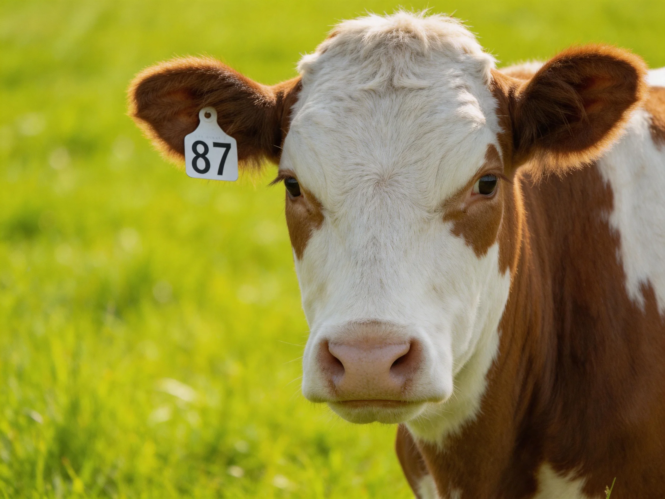 A brown and white cow with ear tag 87 in a lush green meadow