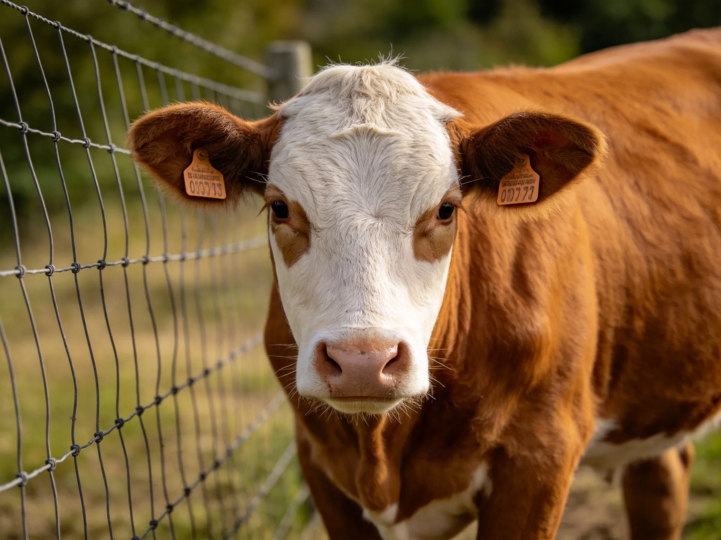 A brown and white cow with ear tags near a wire fence