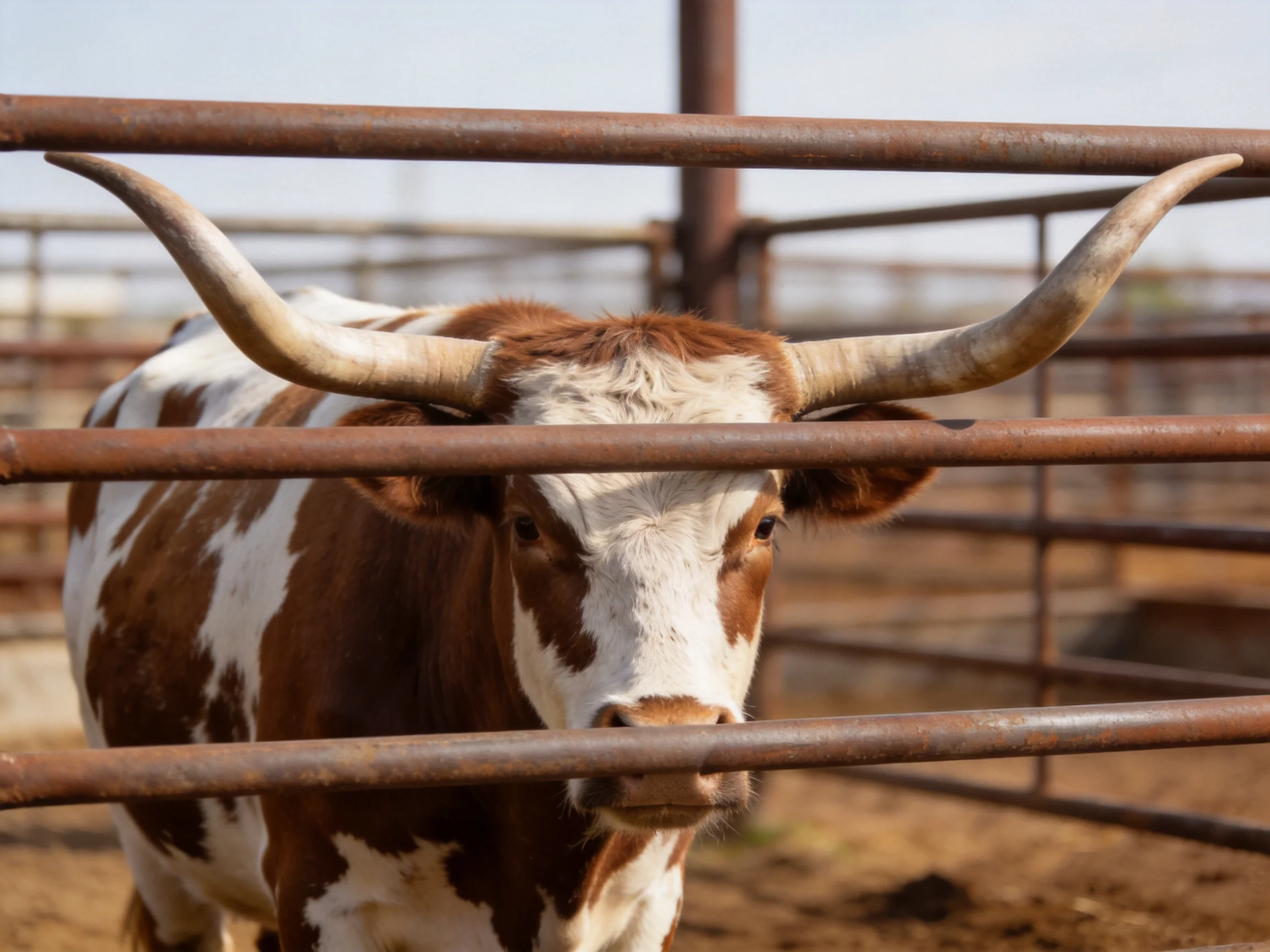 A brown and white cow with large horns is behind metal bars.