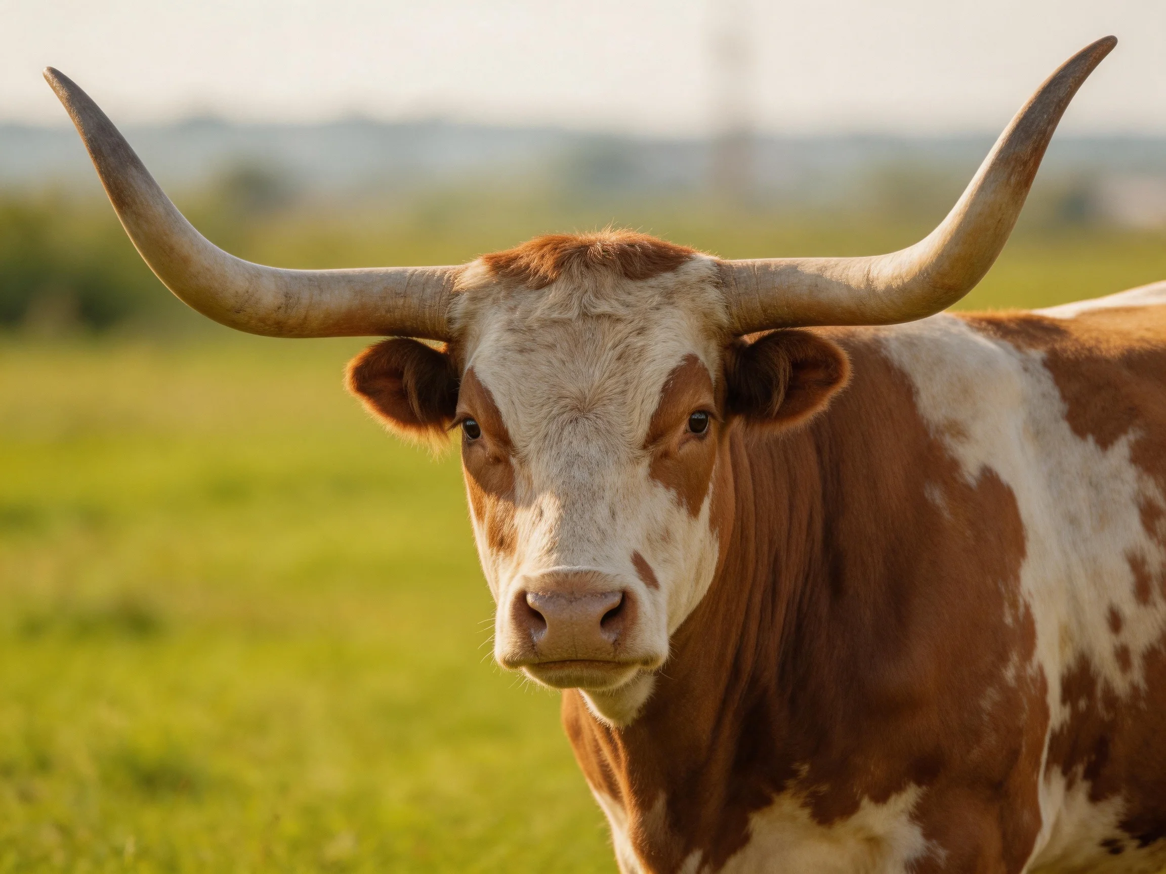 A brown and white cow with large curved horns in a green pasture