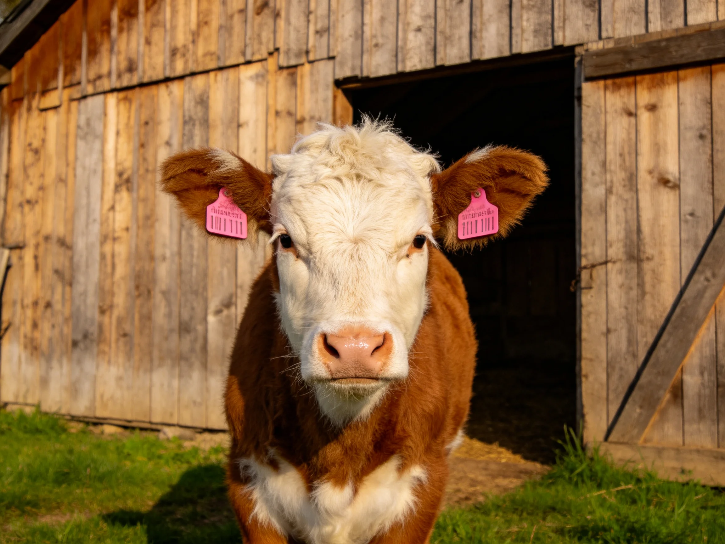 A brown and white cow with pink ear tags stands near an old wooden barn.