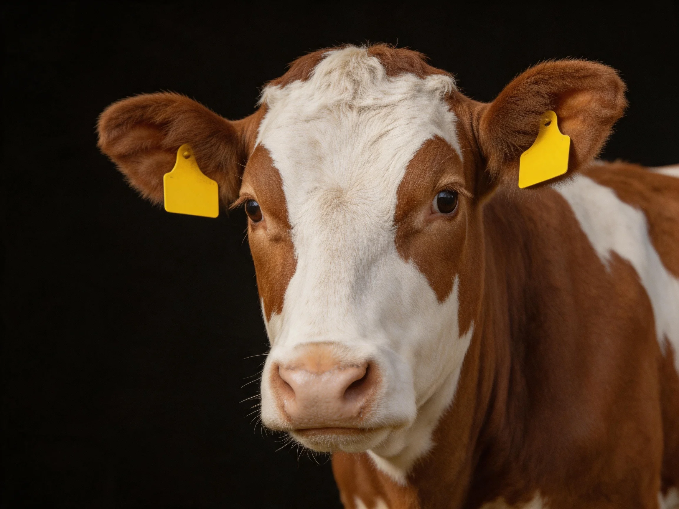 A brown and white cow with two bright yellow ear tags