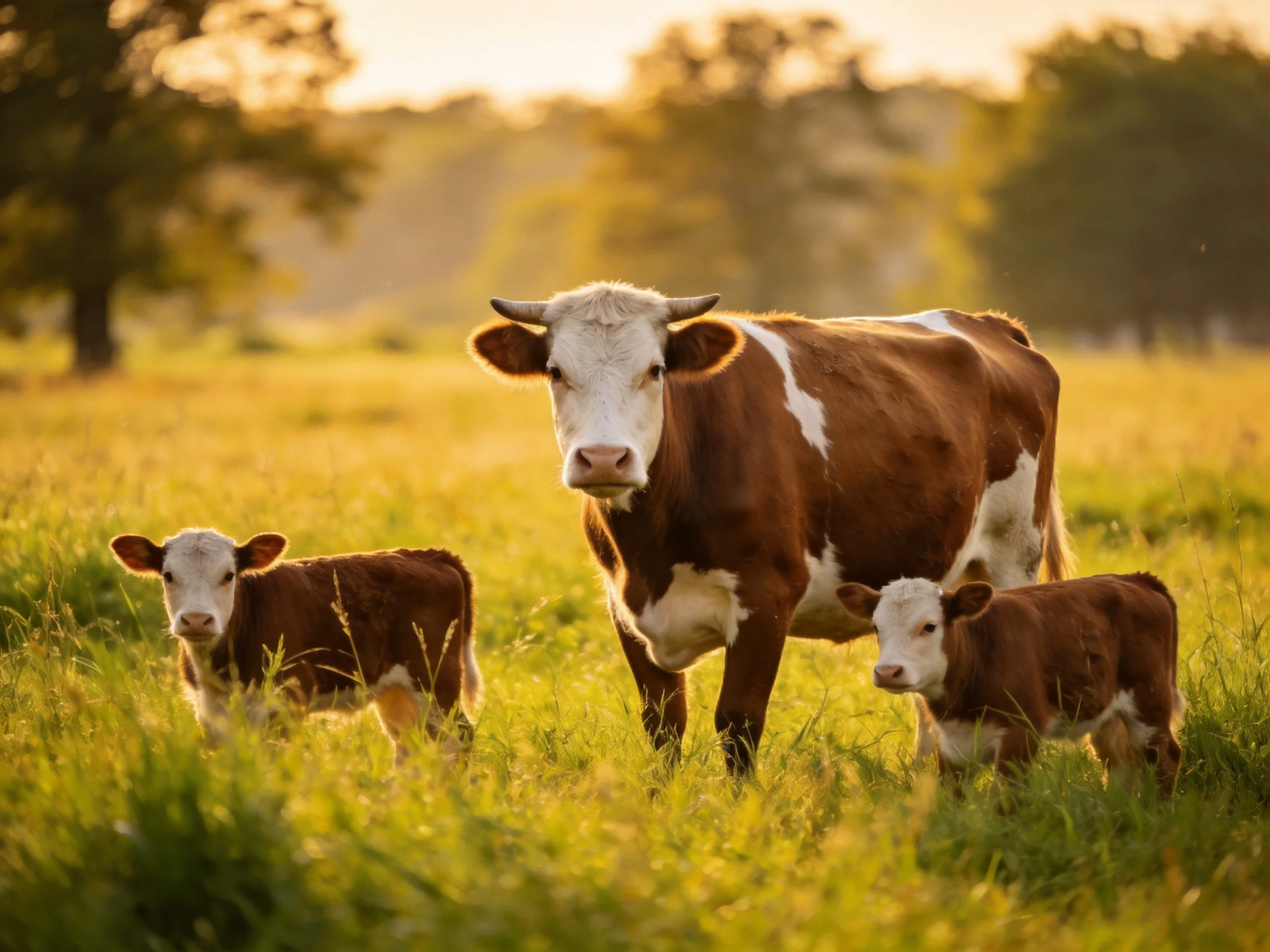 A cow and her two calves graze in a sunlit grassy field.