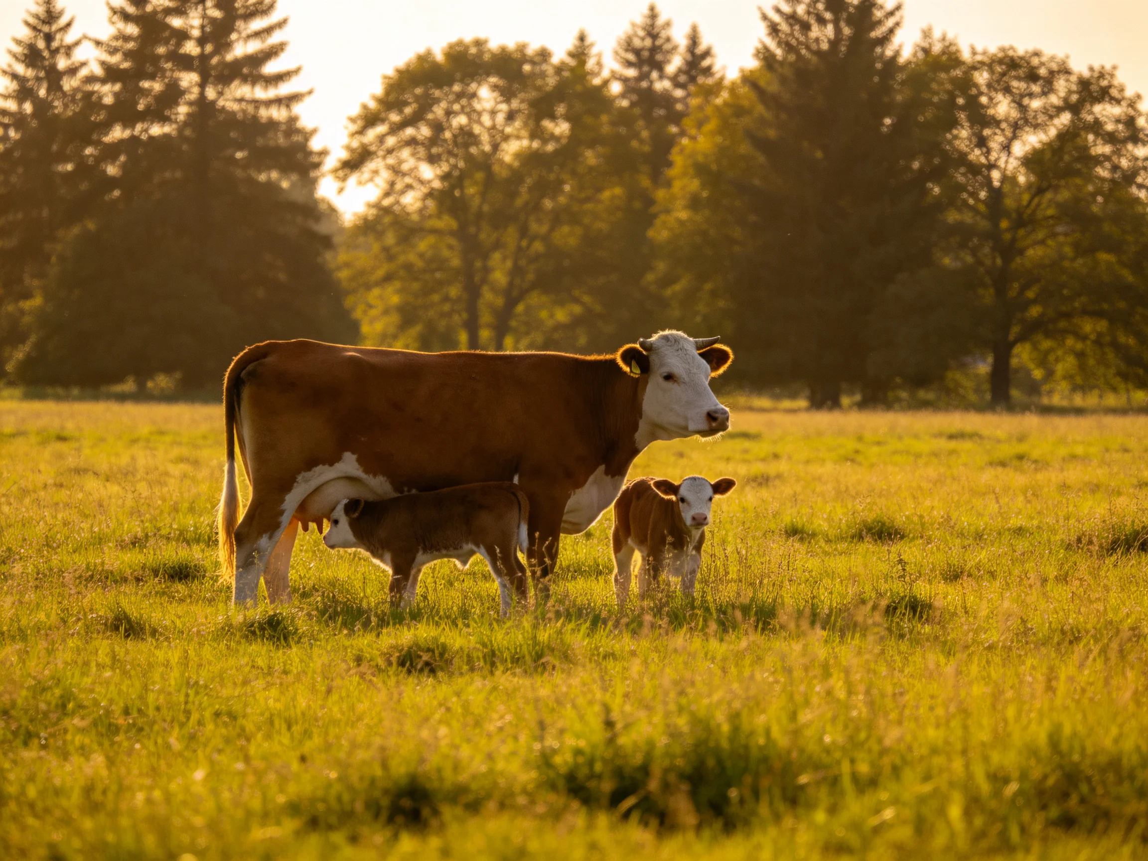 A cow nurses one calf while the other stands nearby in a sunlit meadow.