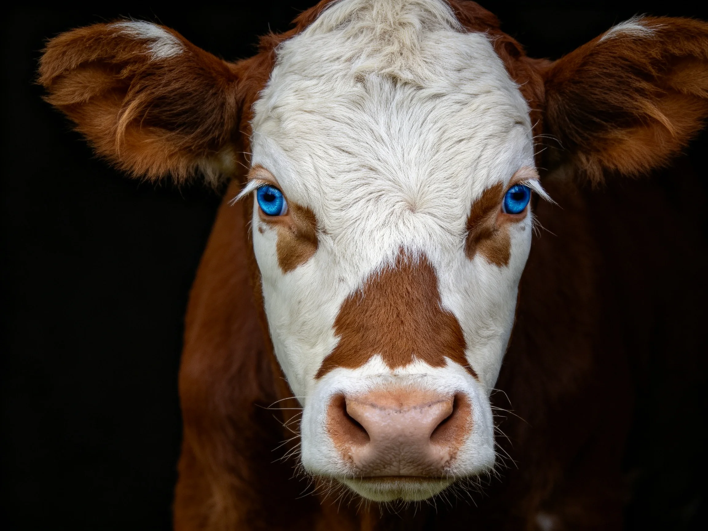 A brown and white cow with vivid blue eyes in a dark setting