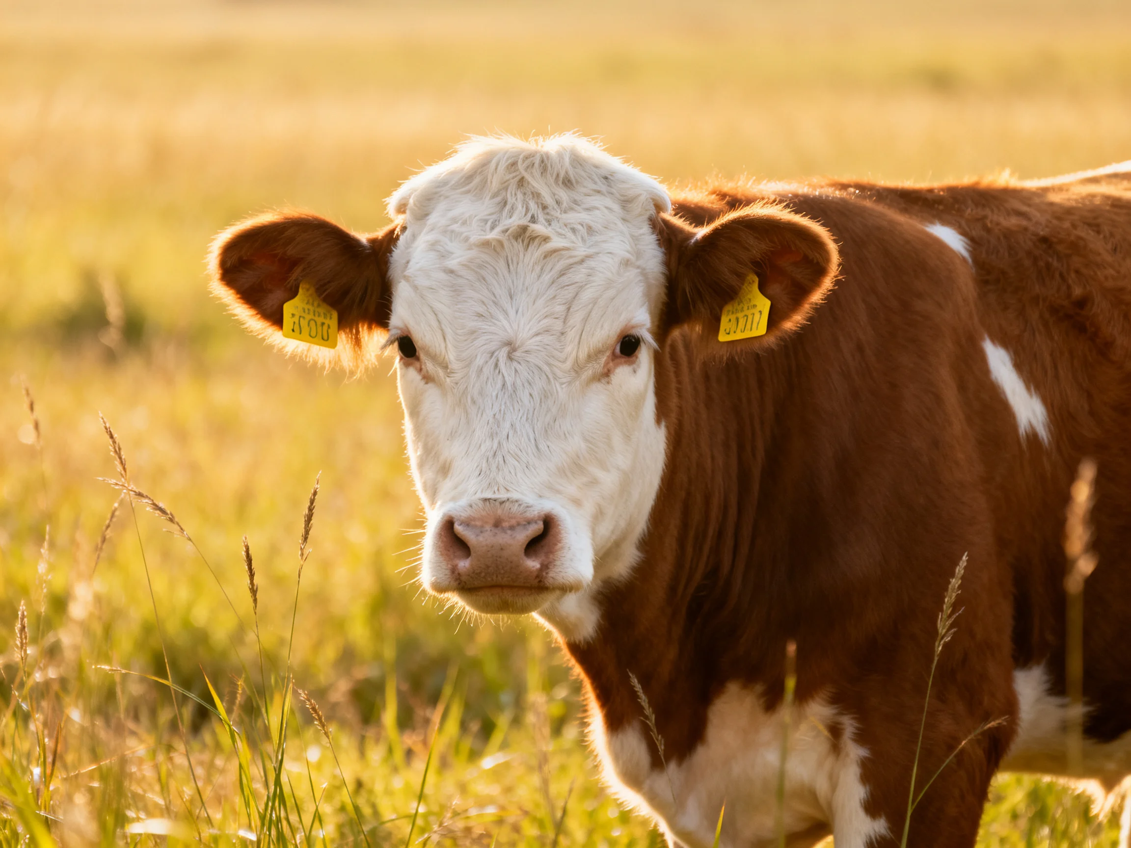 A brown and white cow with yellow ear tags stands in a sunlit golden field.