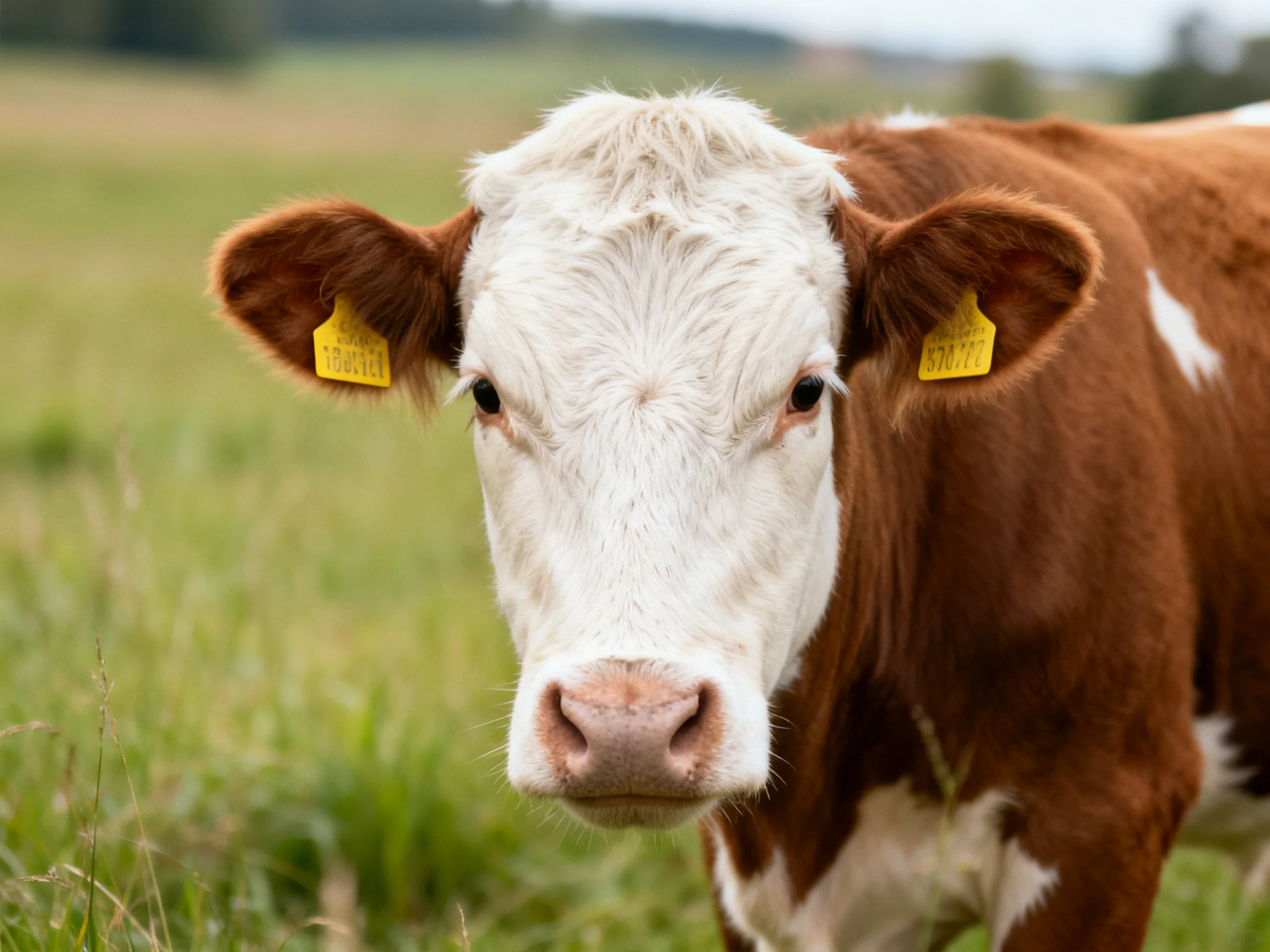 A brown and white cow with yellow ear tags stands in a grassy field.