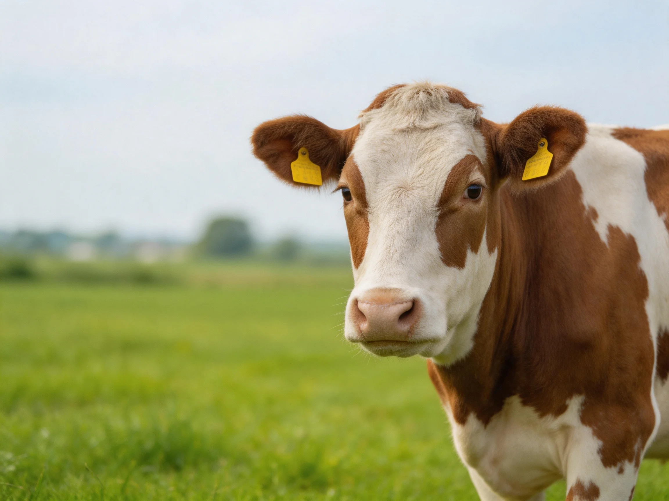 A brown and white cow with yellow ear tags in a green pasture