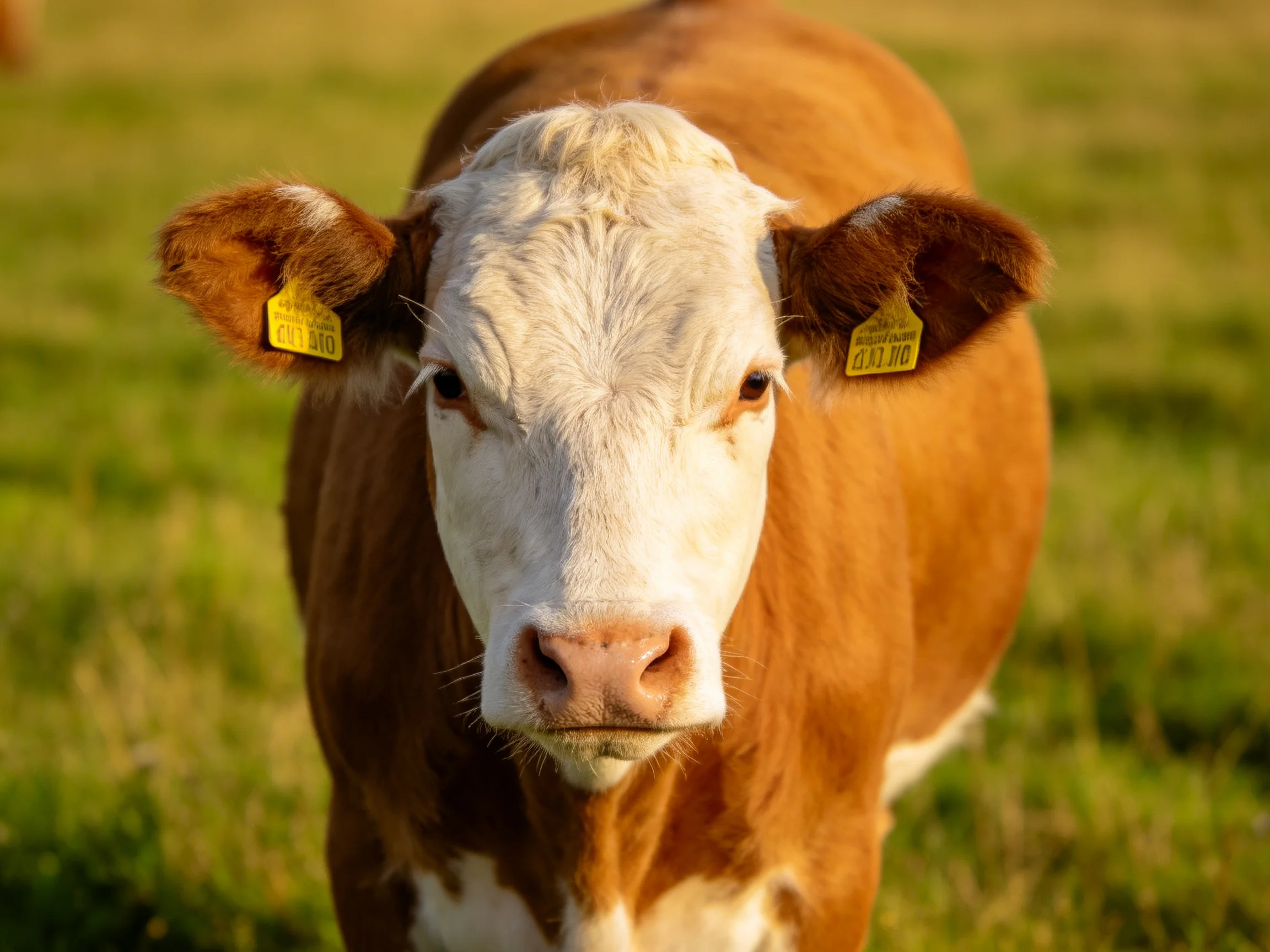 A brown and white cow with ear tags stands in a sunlit pasture.