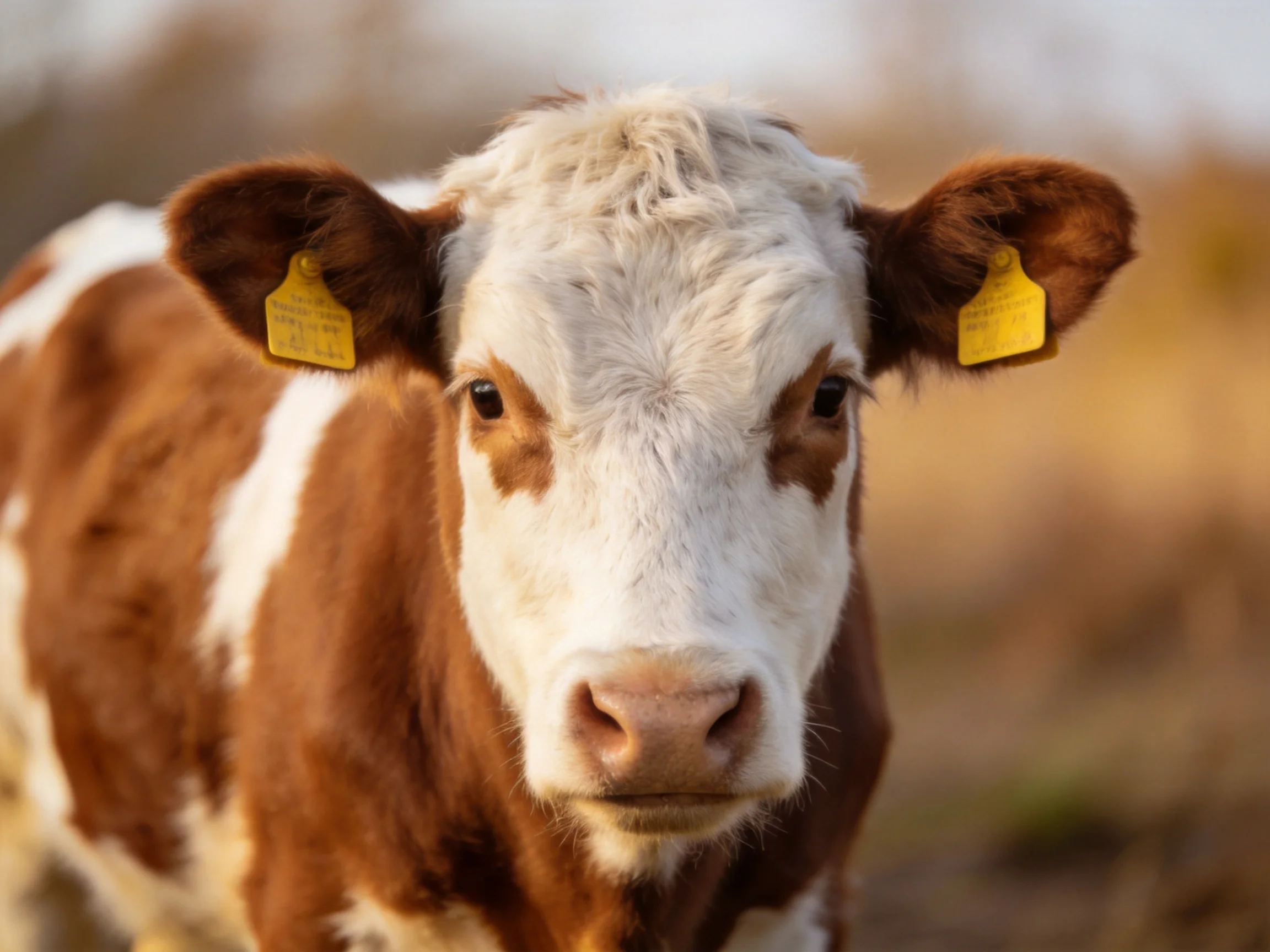 A brown and white cow with yellow ear tags in a sunlit field
