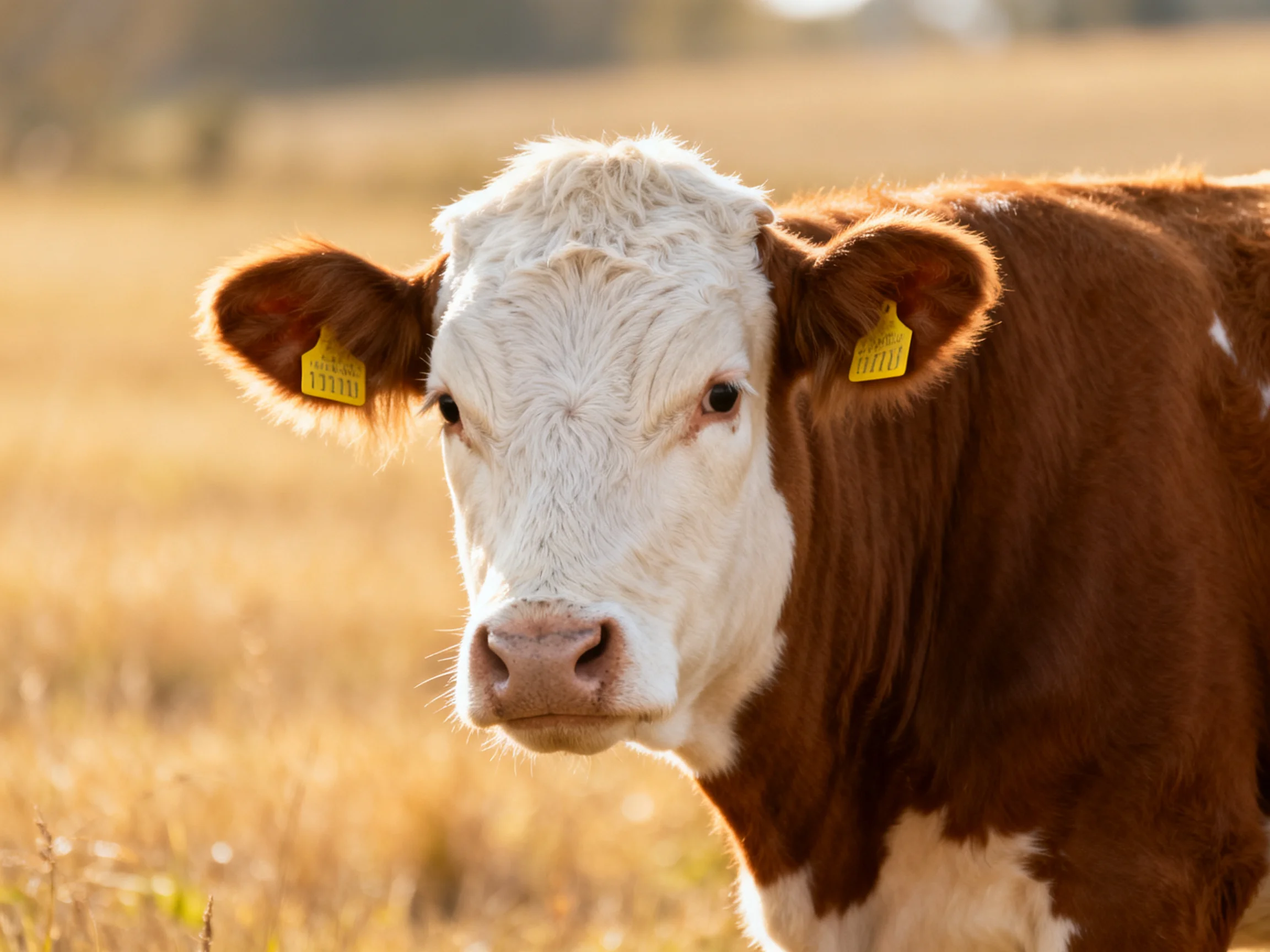 A brown and white cow stands in a sunlit golden field.