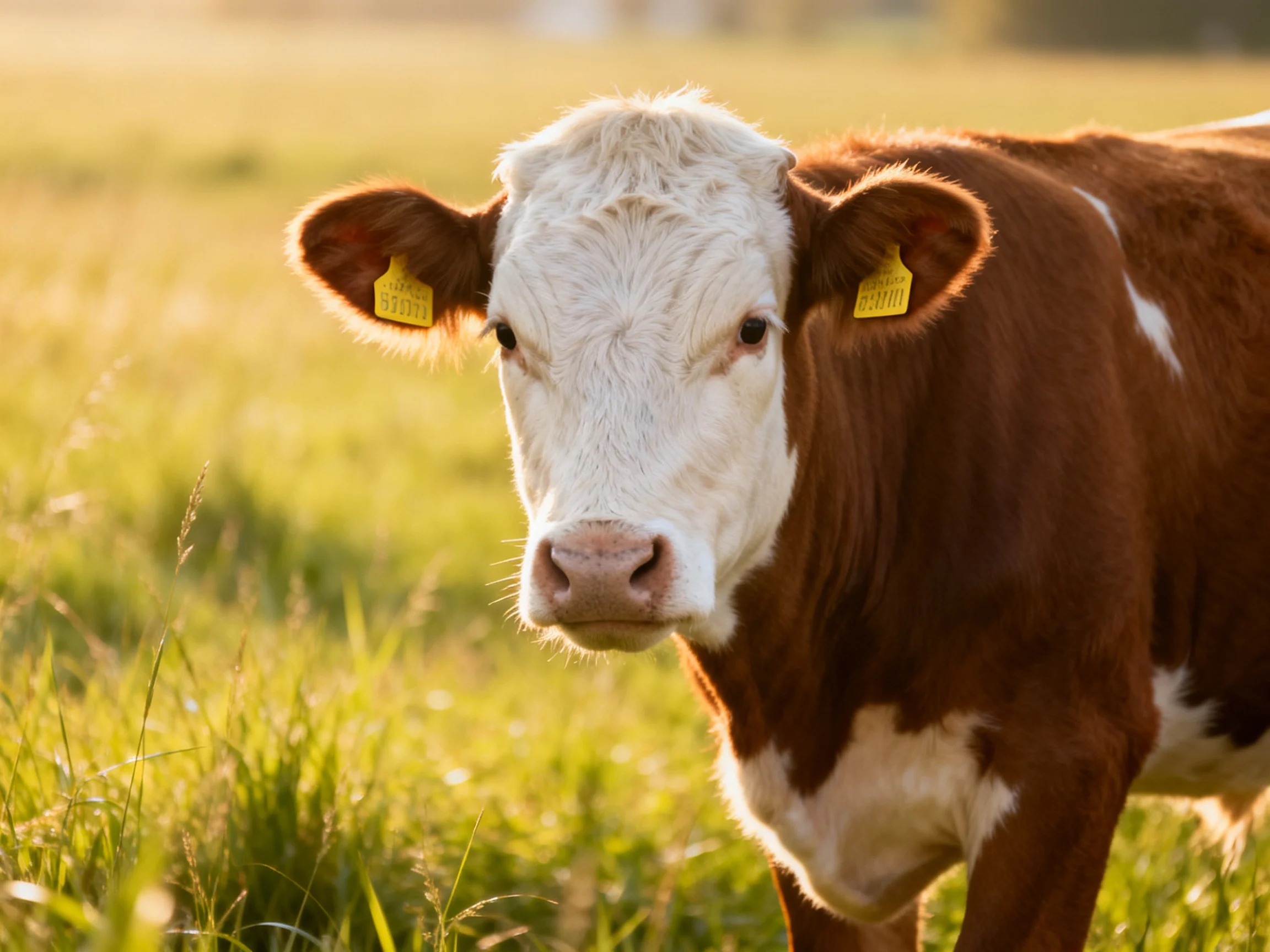 A brown and white cow with yellow ear tags in a sunlit green pasture