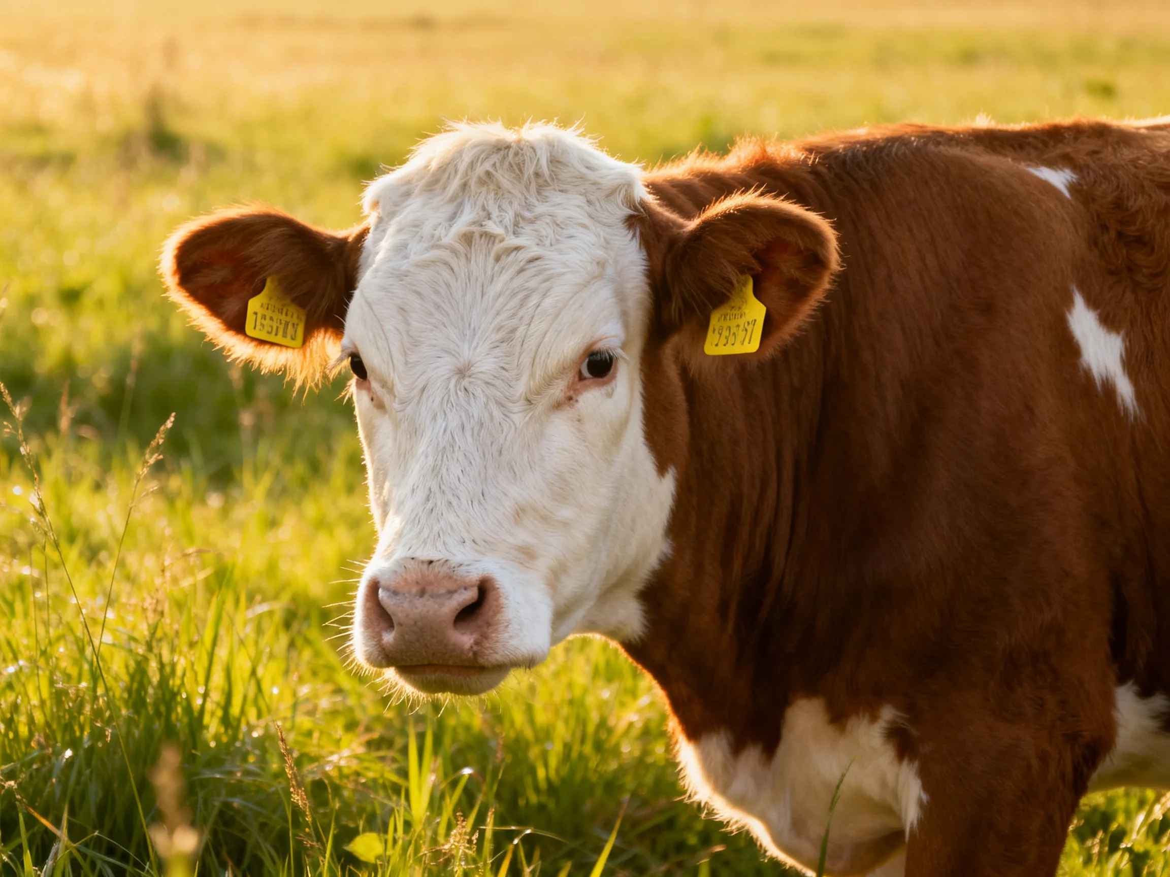 A brown-and-white cow with yellow ear tags stands in a sunlit green pasture.