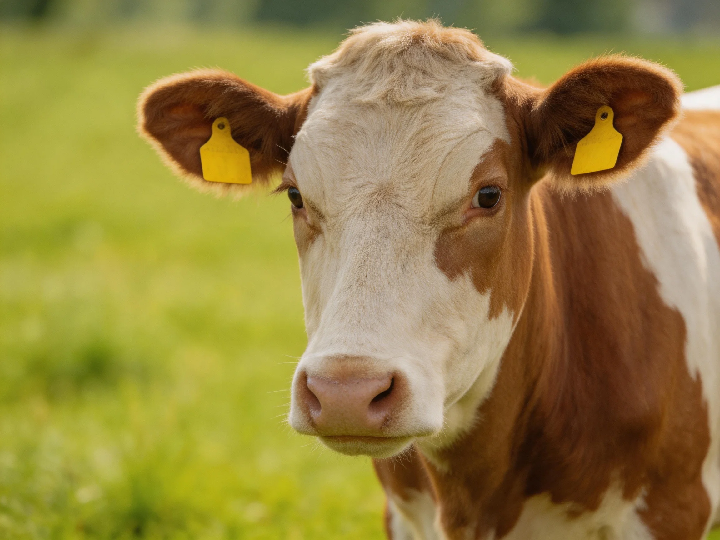 A brown-and-white cow with yellow ear tags stands in a sunlit green pasture.