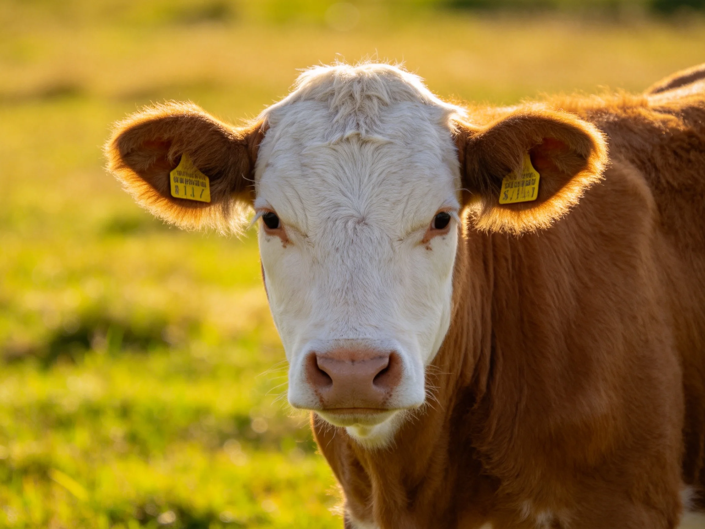 A brown and white cow with yellow ear tags stands in a sunlit pasture.