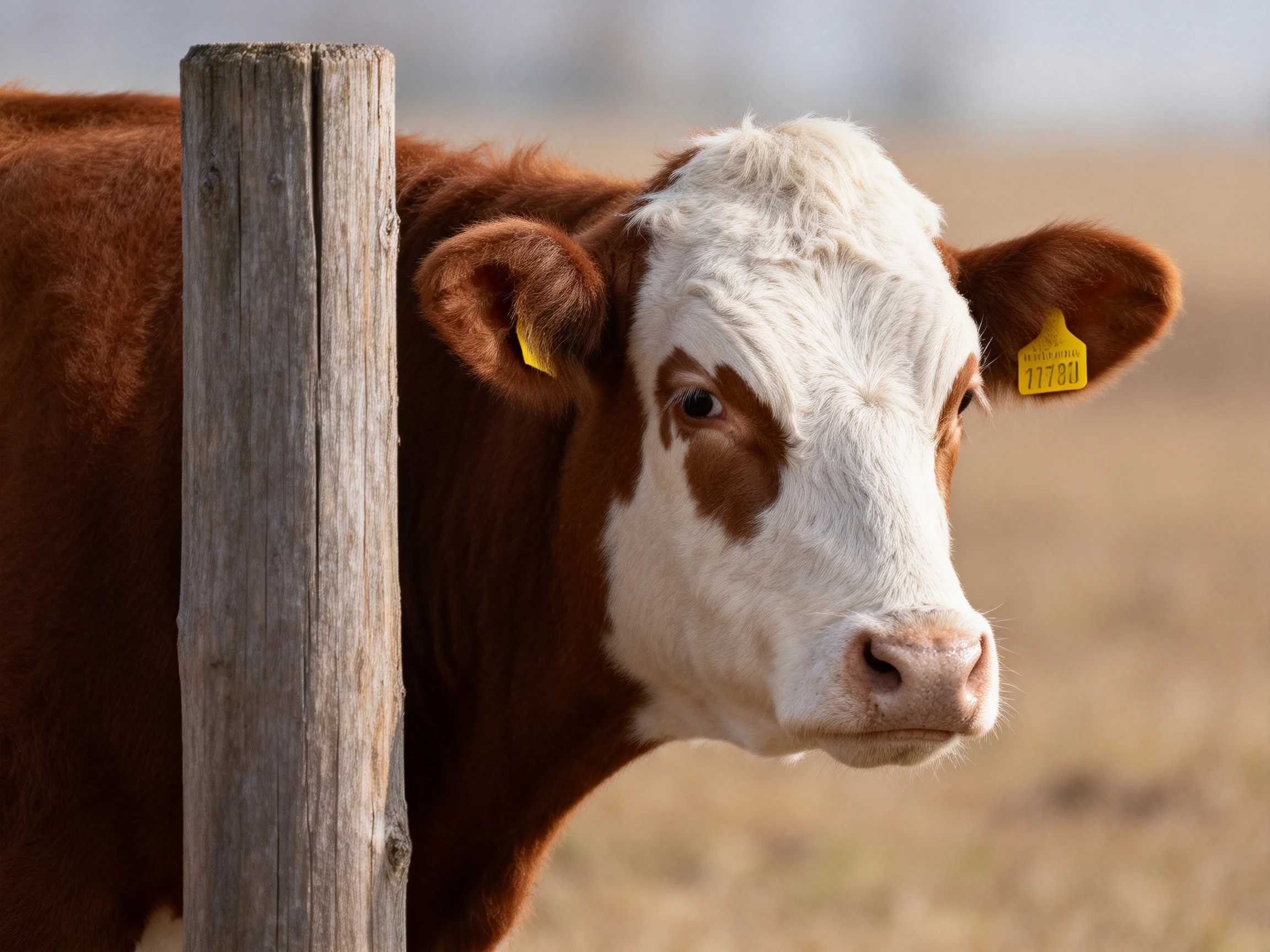 A brown and white cow stands near a wooden post with yellow identification tags.