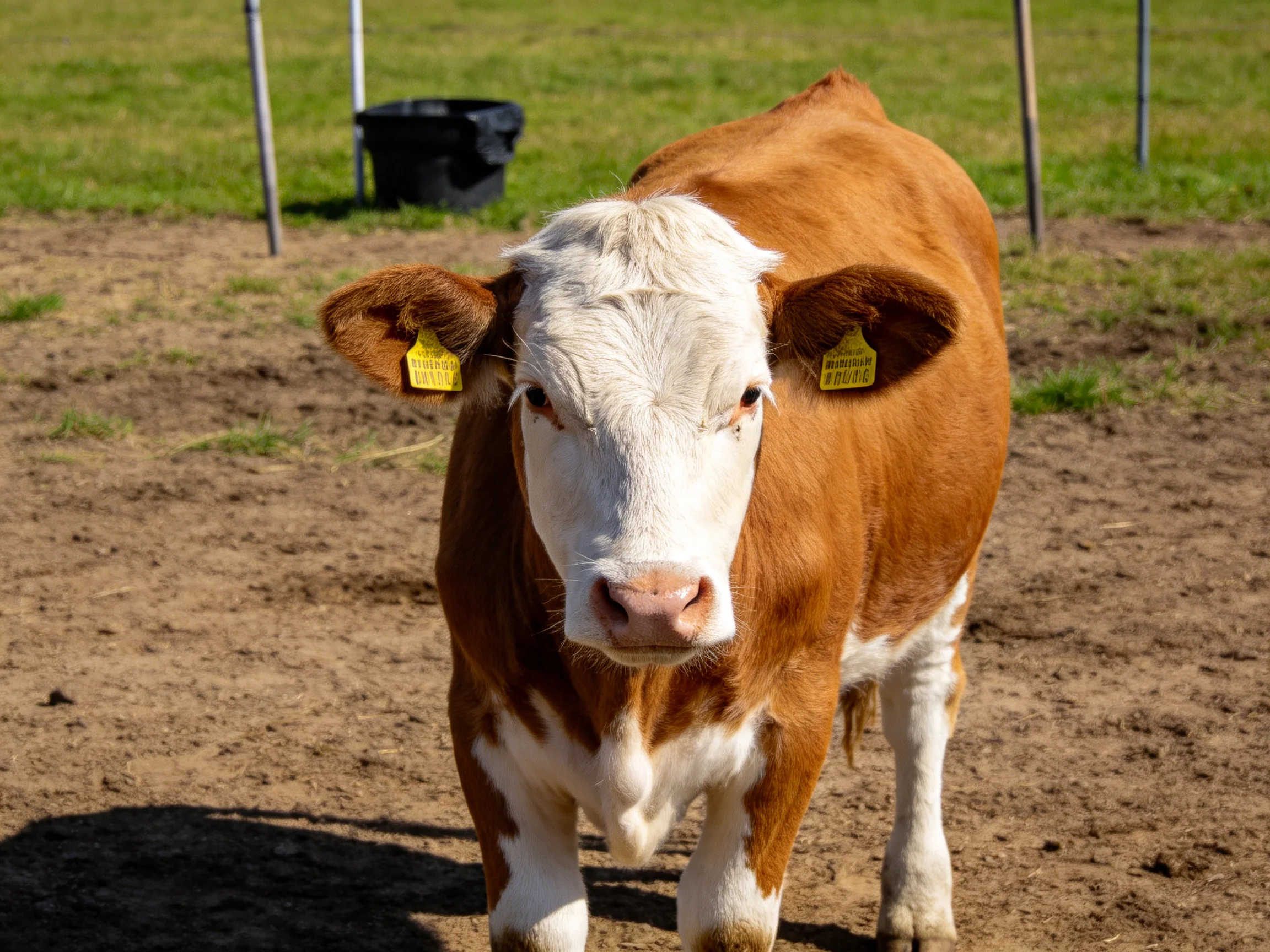 A brown and white cow with yellow ear tags stands on a sunlit dirt field near grass.