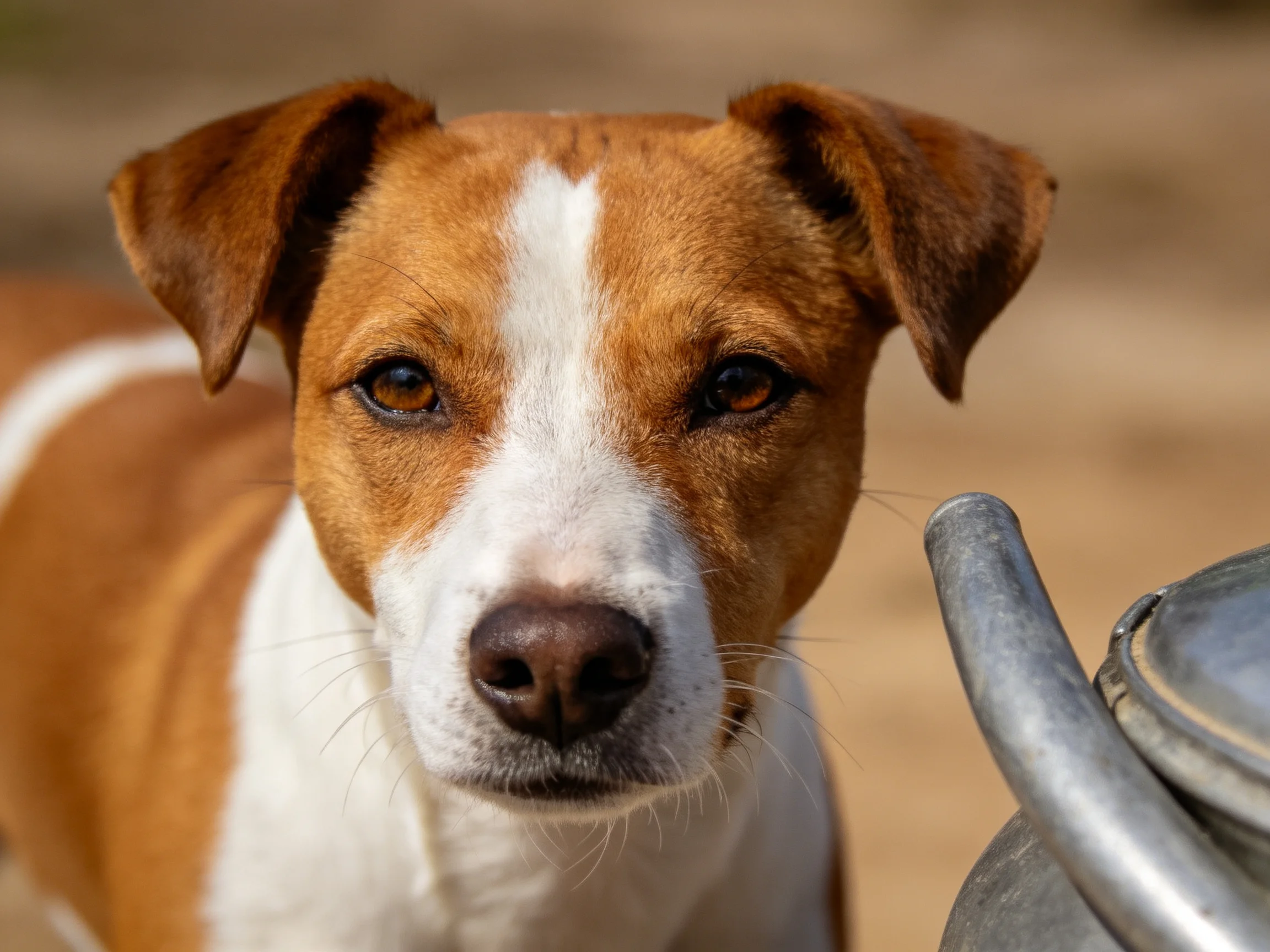 A brown and white dog is near a metallic object outdoors