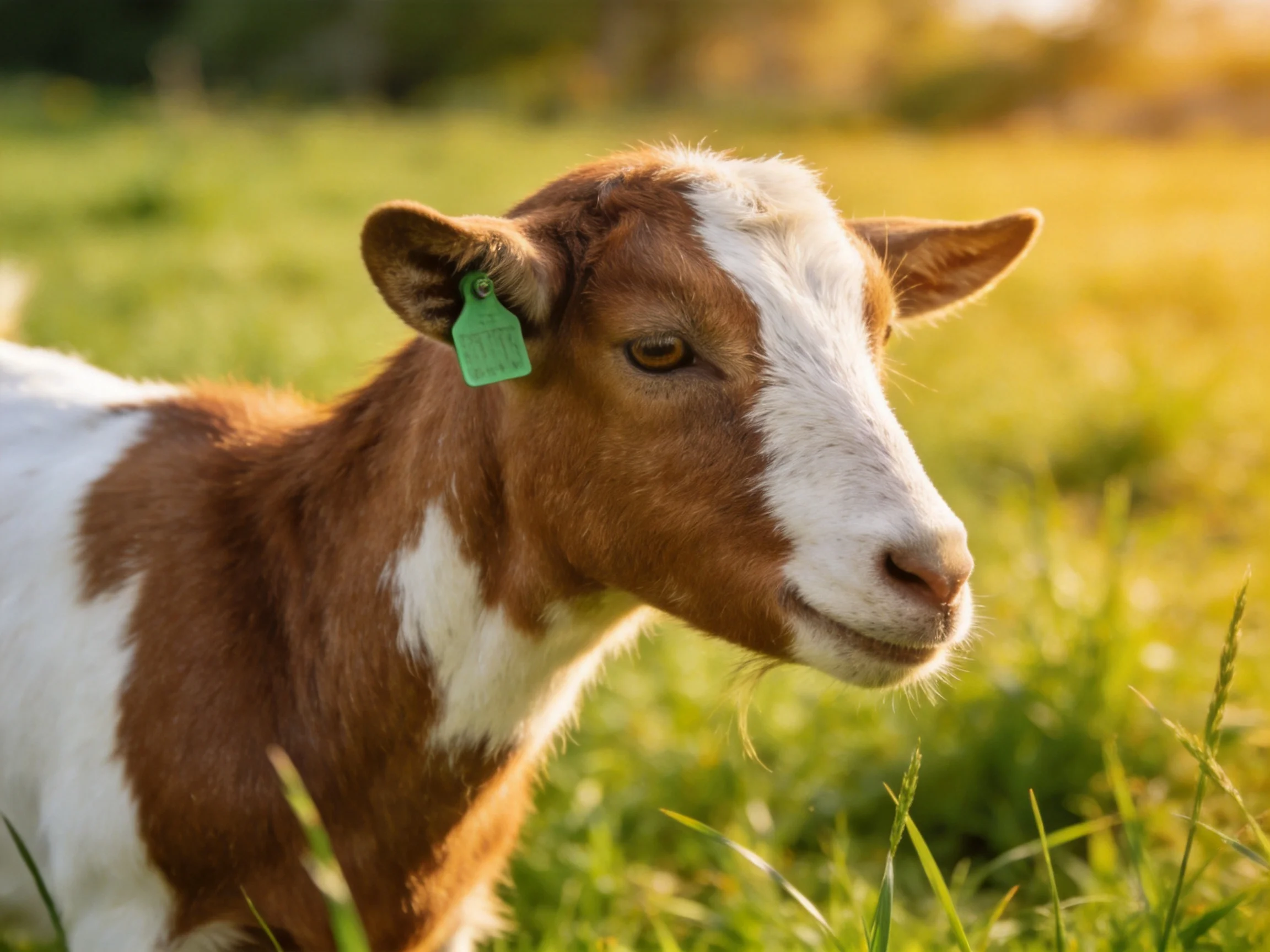 A brown-and-white goat with a green ear tag in a sunlit grassy field
