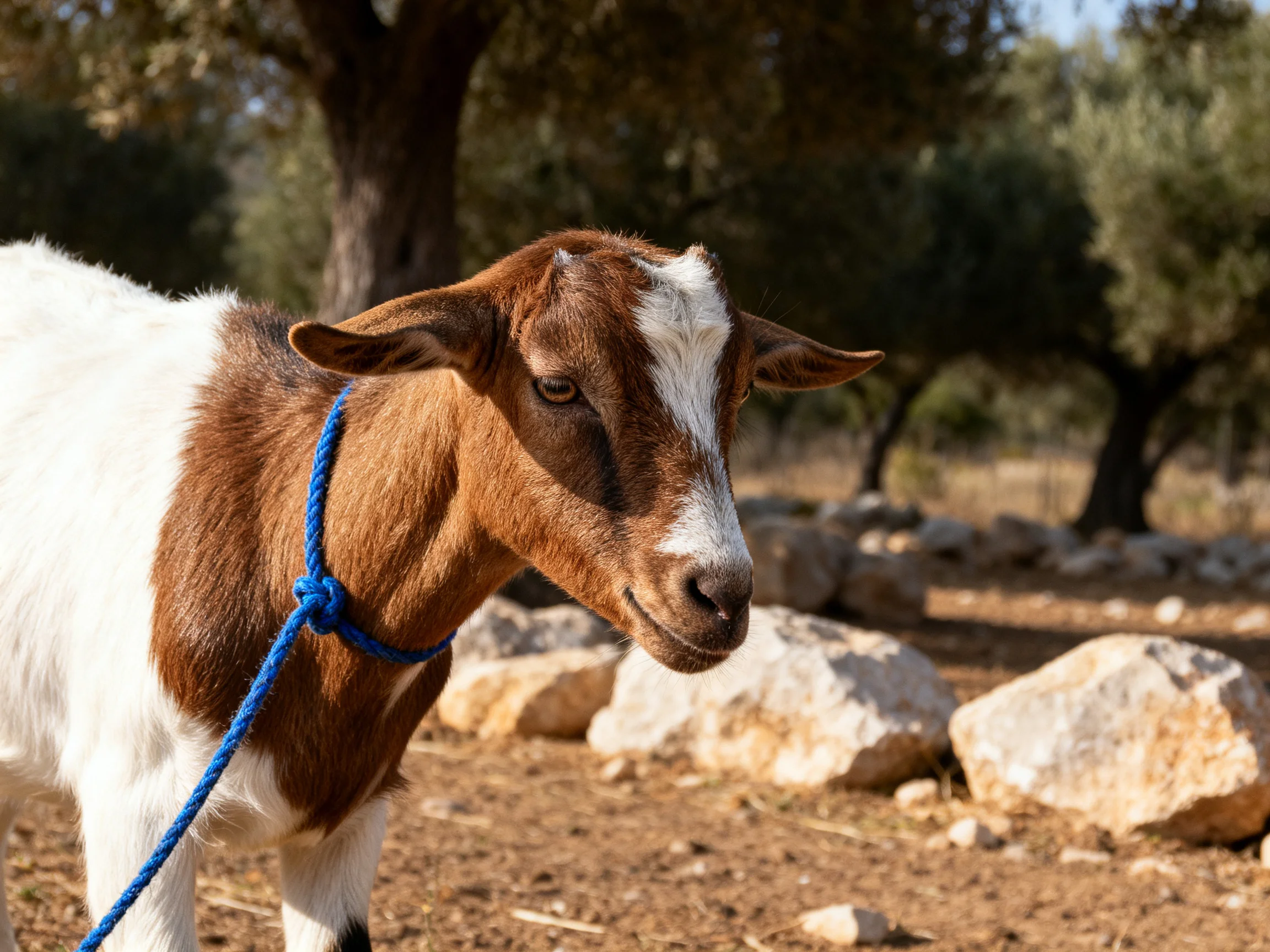 A brown and white goat with blue rope near rocks and trees