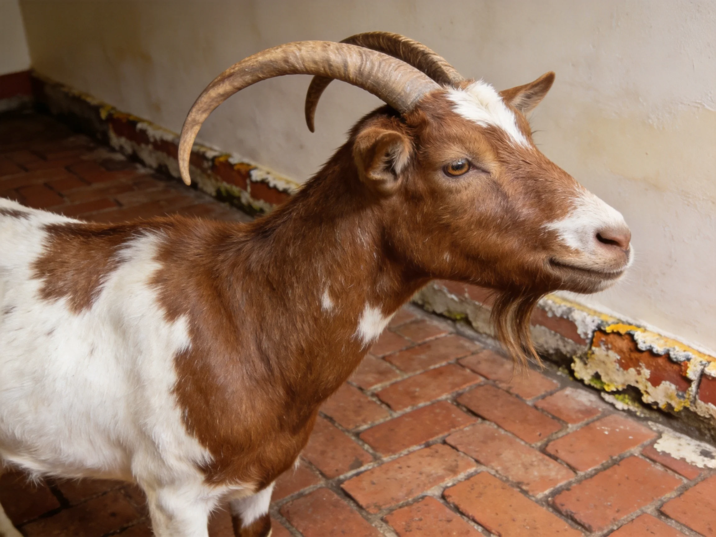 A brown and white goat with large curved horns near a brick wall
