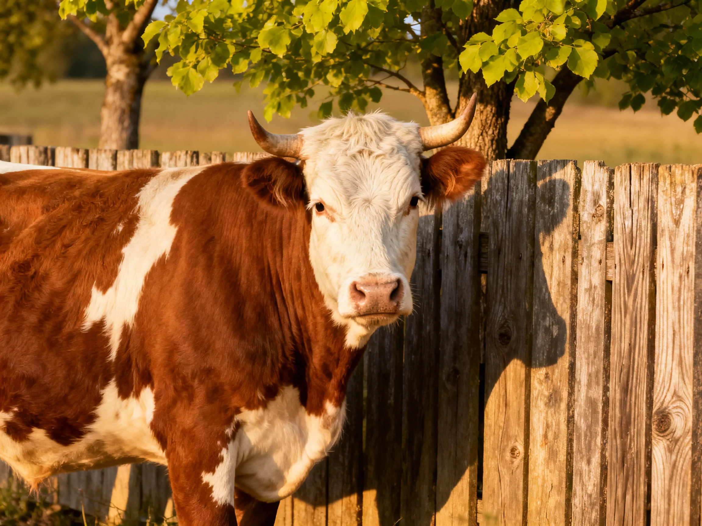 A brown and white horned cow beside an aged wooden fence under leafy trees