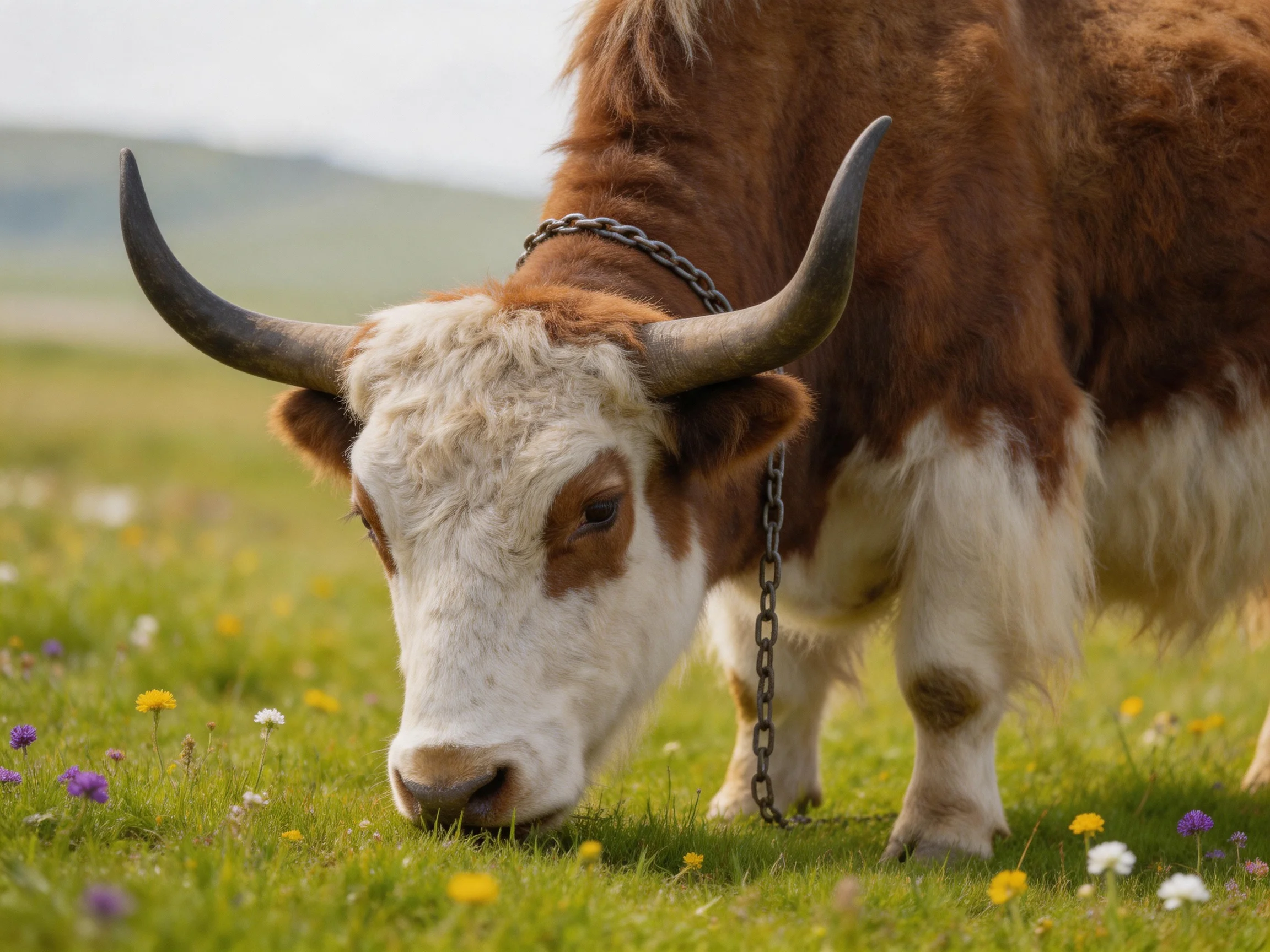 A brown and white horned cow grazes in a colorful flower meadow with a chain