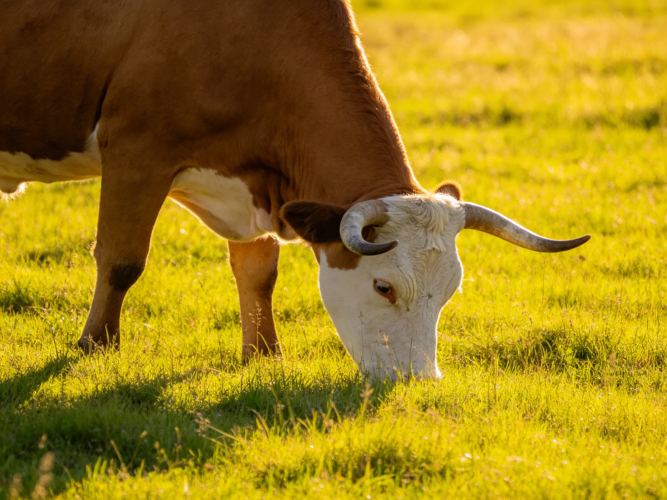 A brown and white horned cow grazing in a sunlit green pasture