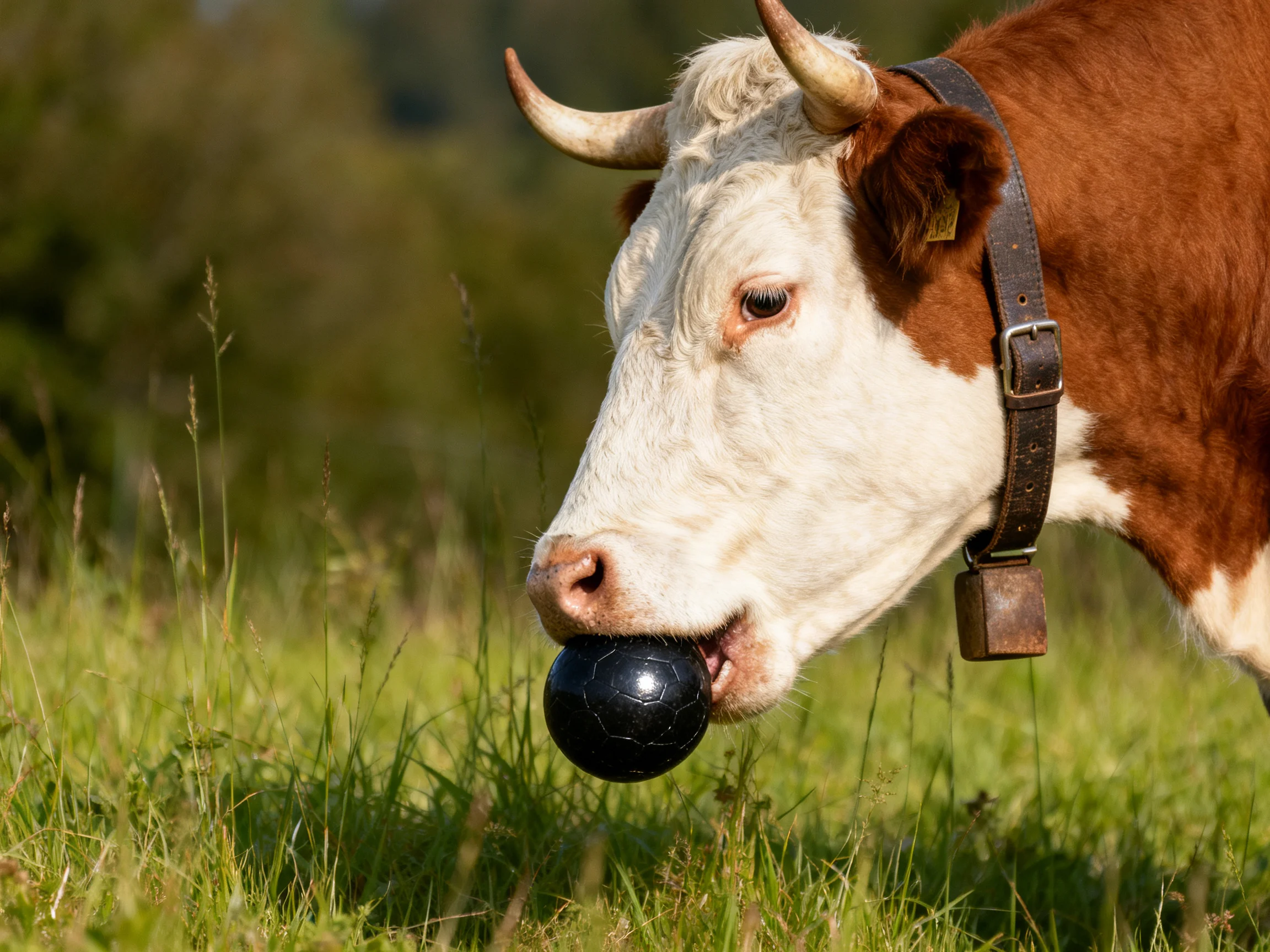 A brown and white horned cow holds a black ball in a grassy field