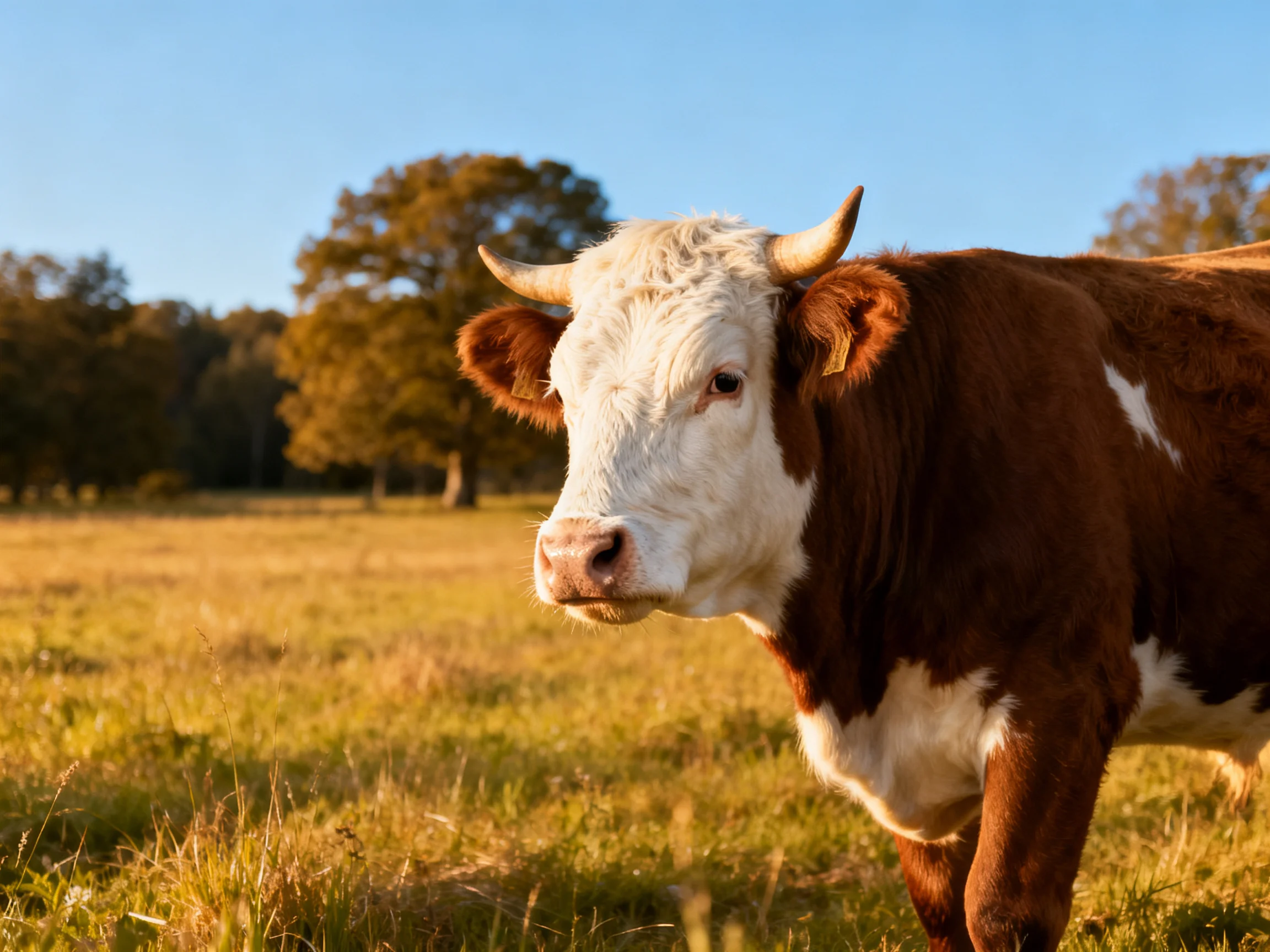 A brown and white horned cow in a golden grassy field
