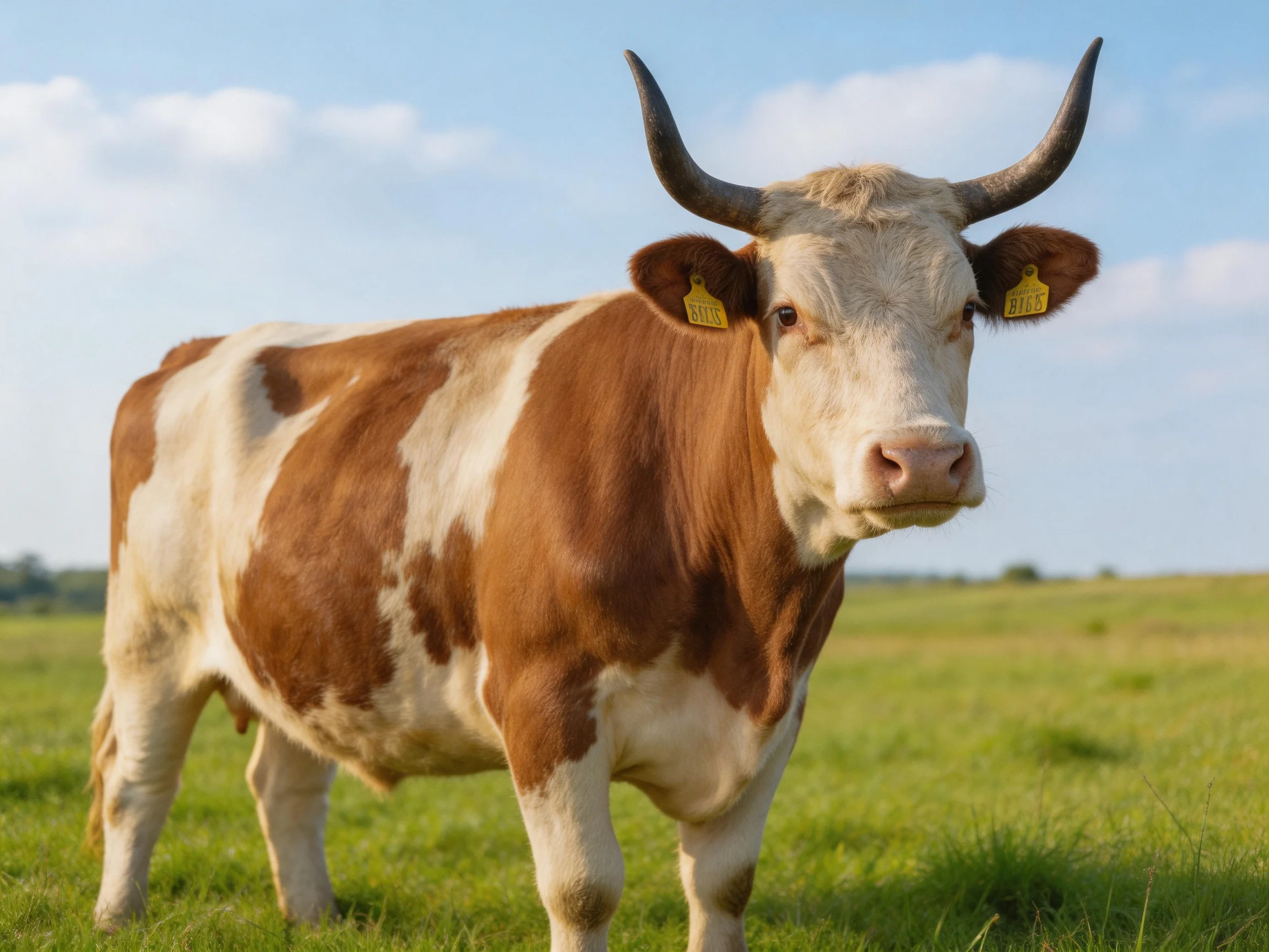 A brown and white horned cow in a green pasture
