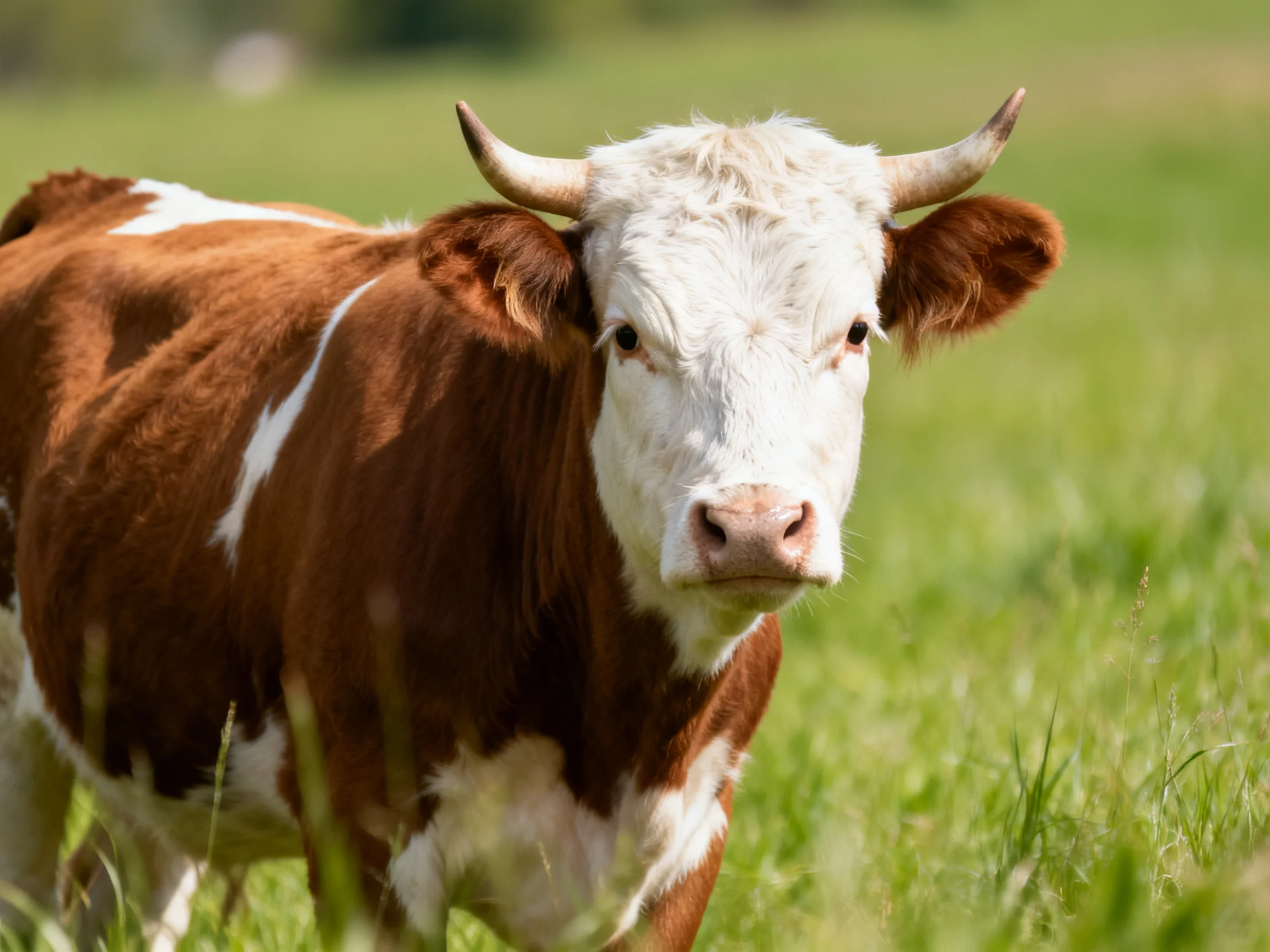A brown and white horned cow in a sun - dappled green pasture