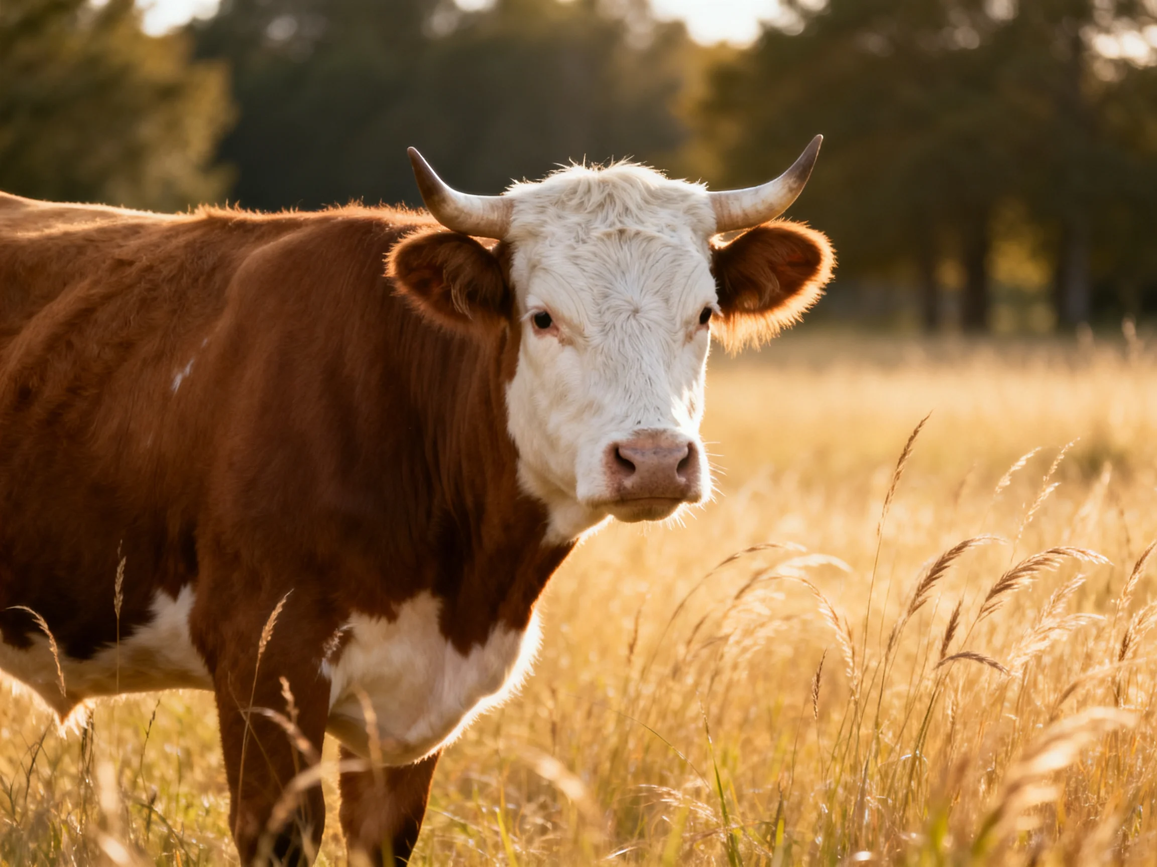 A brown and white horned cow in a sunlit golden meadow with tall grass