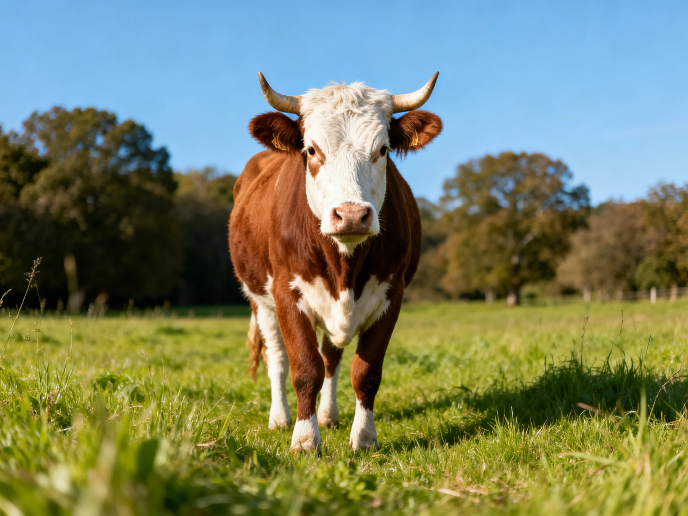 A brown and white horned cow in a sunlit grassy field
