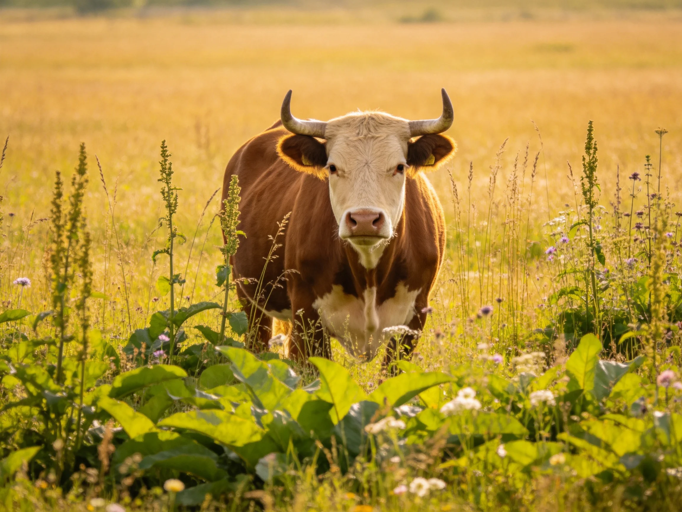 A brown-and-white horned cow in a sunlit meadow with tall wildflowers