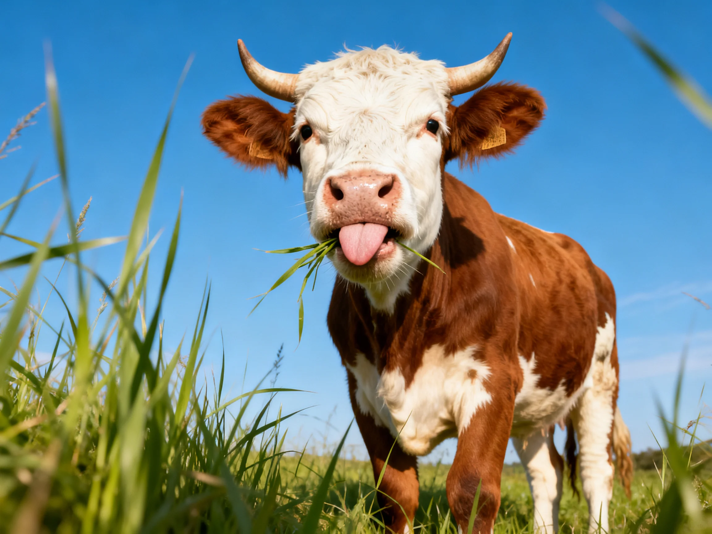 A brown and white horned cow licks grass in a sunny pasture