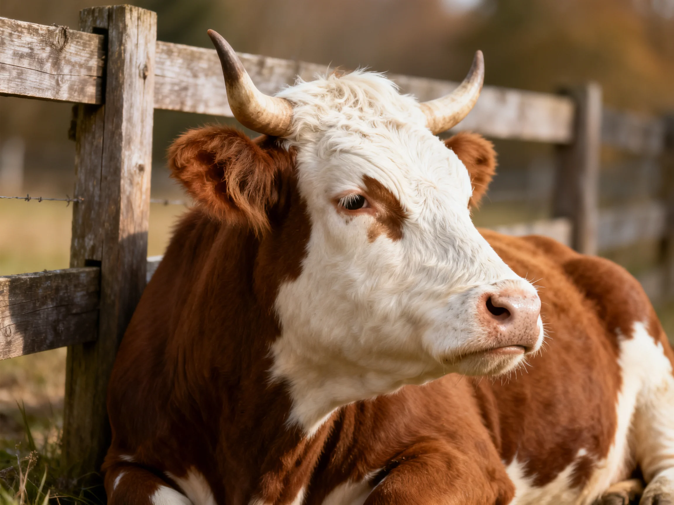A brown and white horned cow near a weathered wooden fence