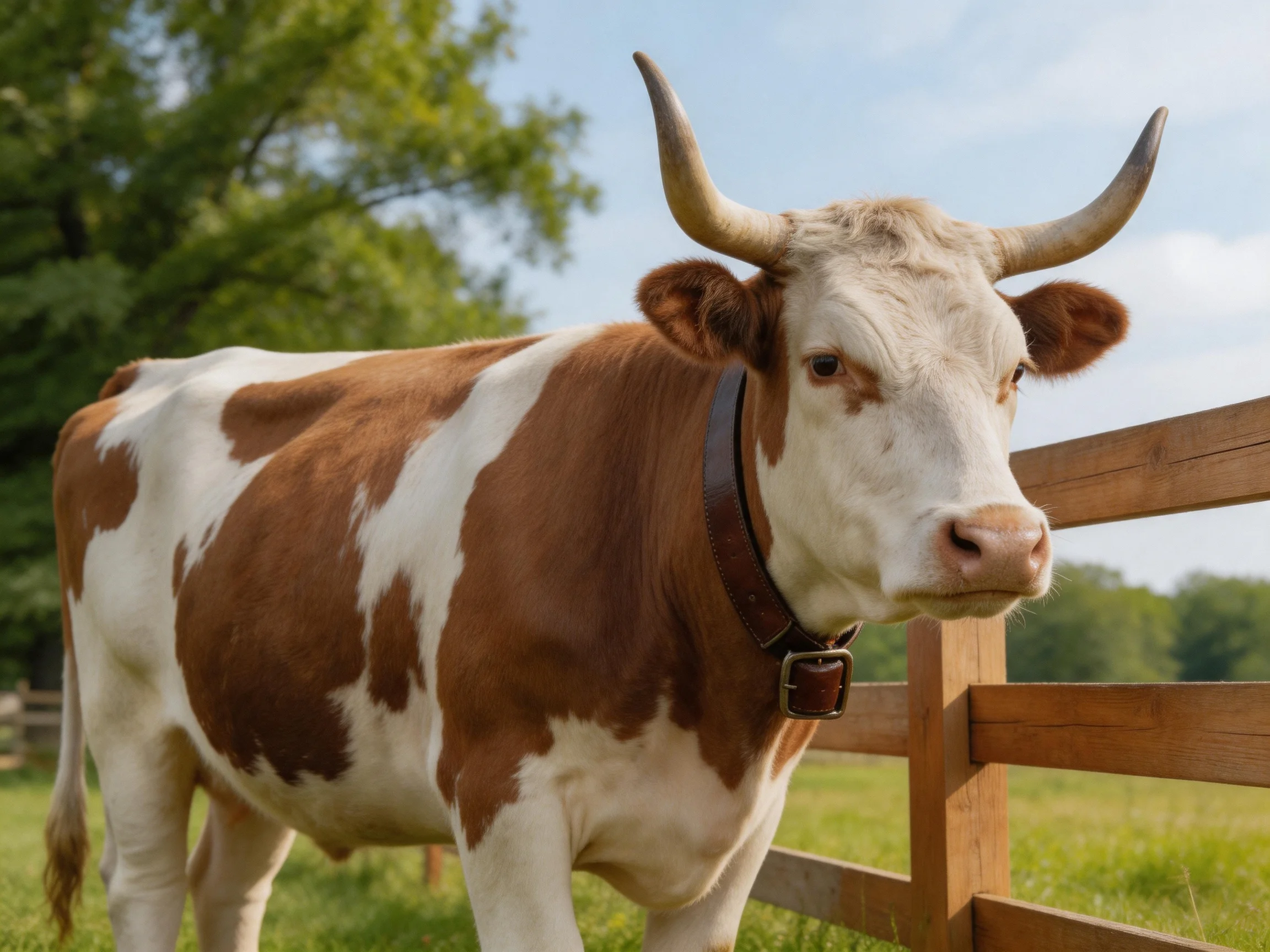 A brown and white horned cow near a wooden fence in a green pasture