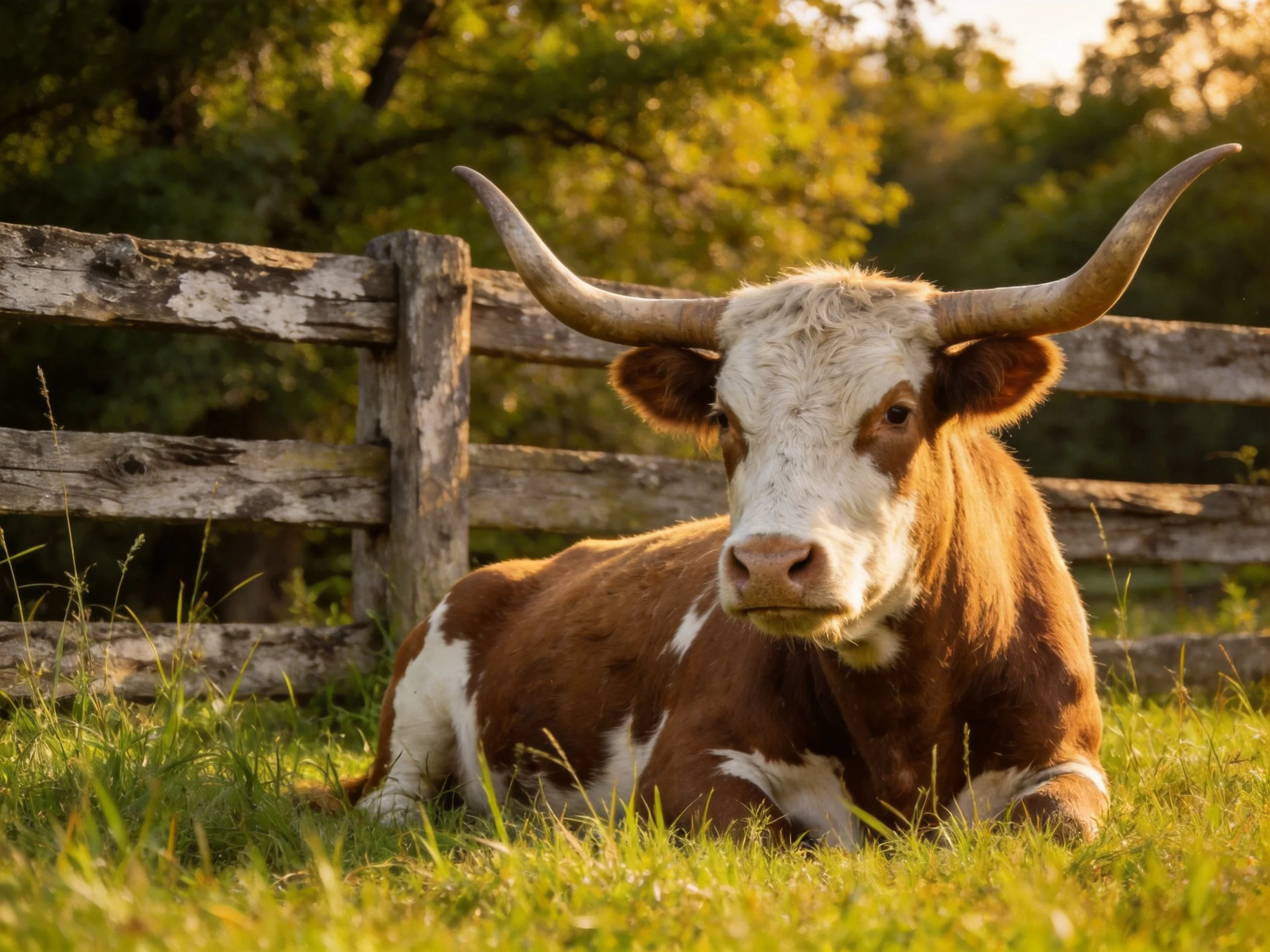 A brown and white horned cow resting near an old wooden fence