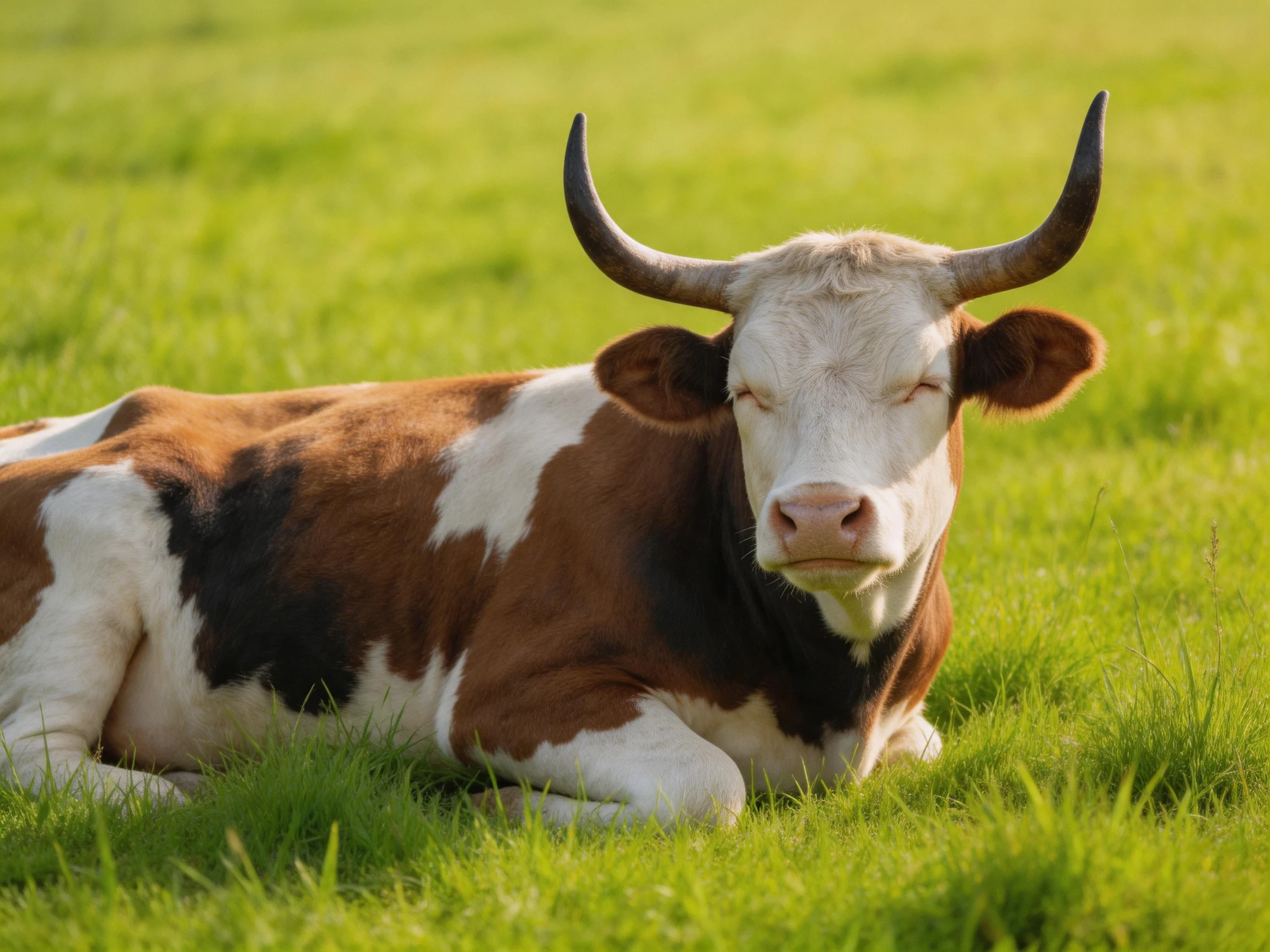 A brown and white horned cow rests in a lush green meadow