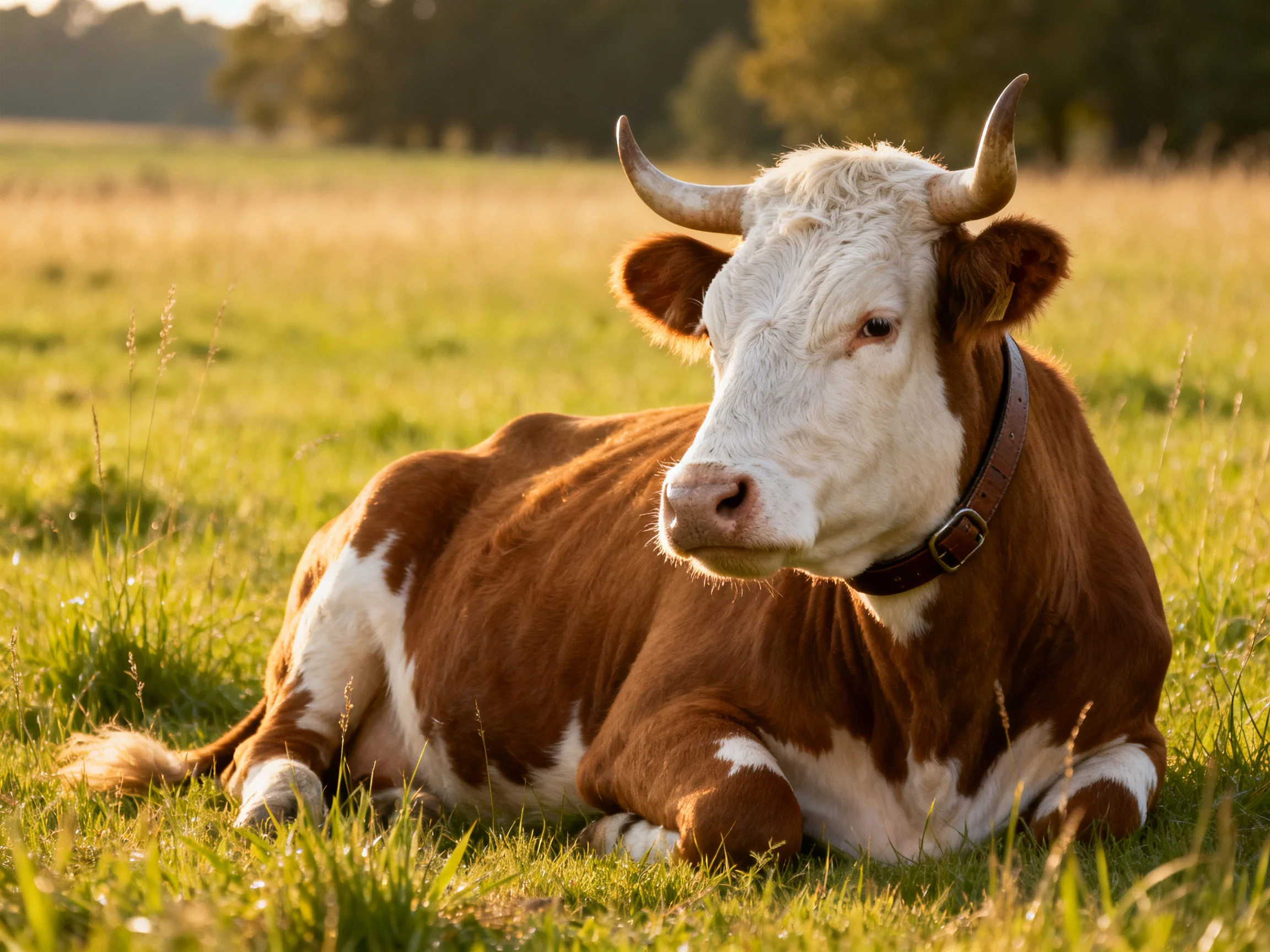 A brown and white horned cow rests in a sunlit grassy field