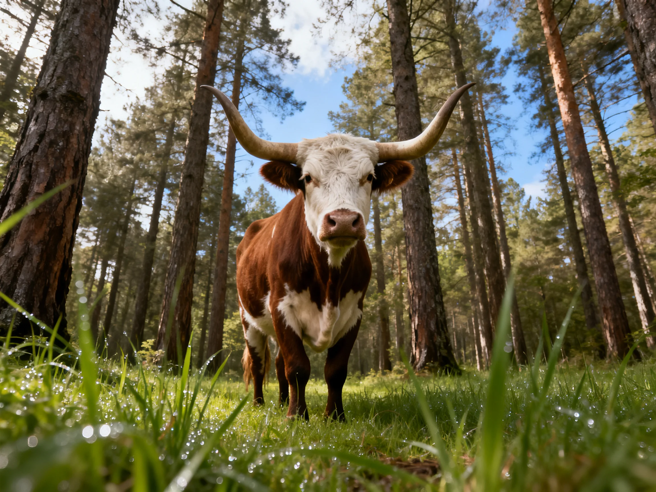 A brown-and-white horned cow stands amid tall pine trees in a sunlit forest clearing