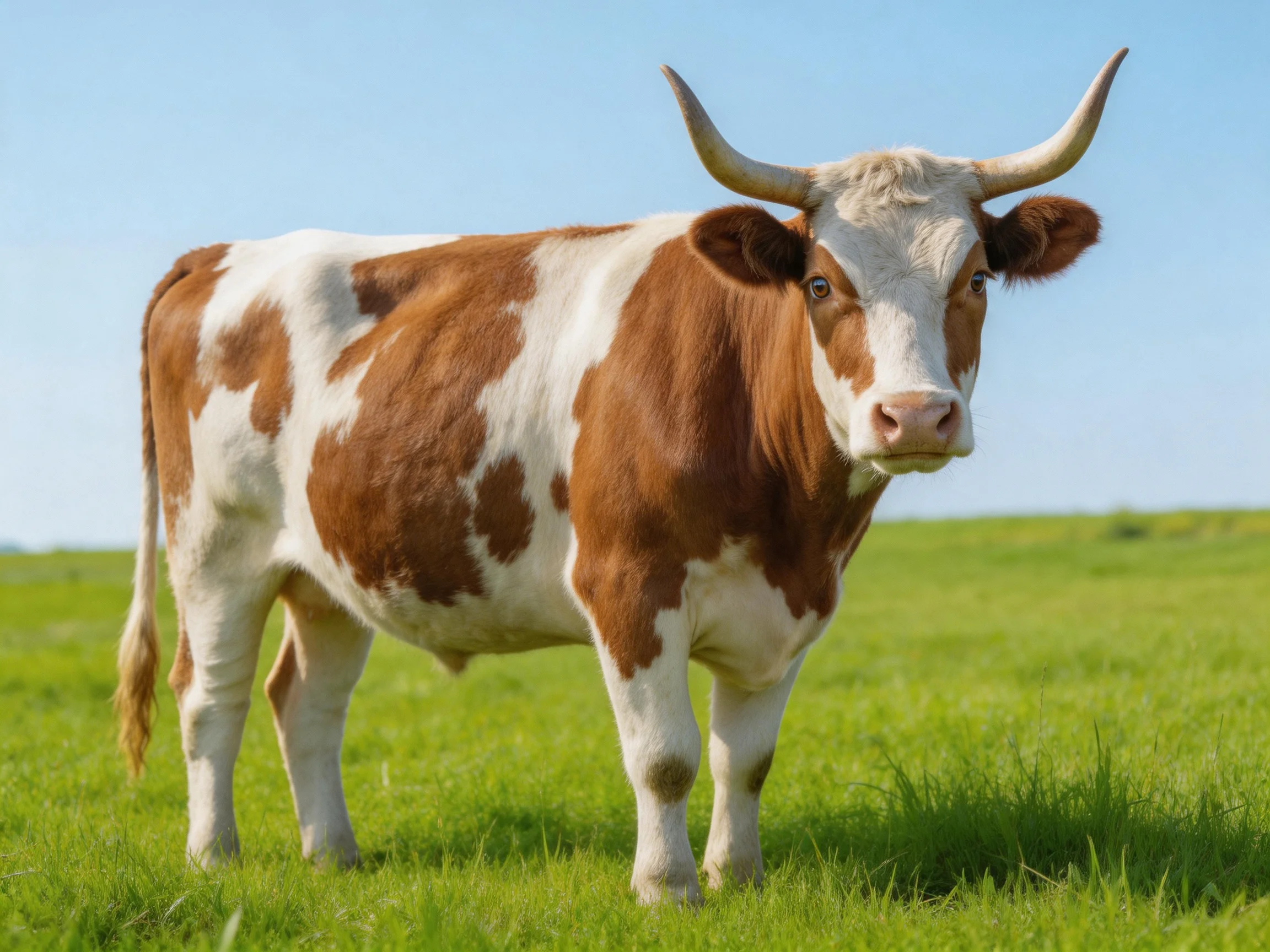 A brown and white horned cow stands in a lush green meadow