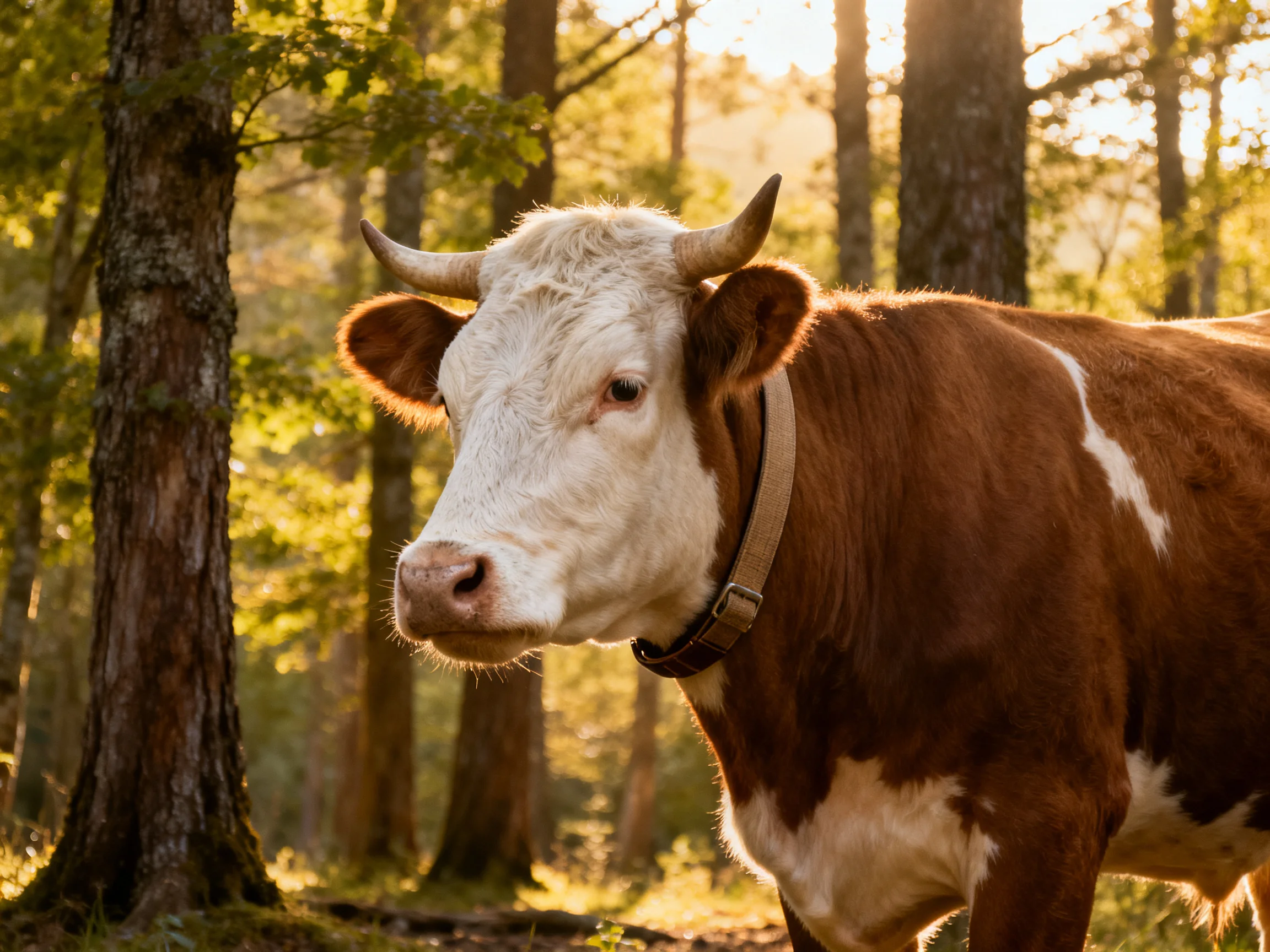 A brown and white horned cow stands in a sunlit forest