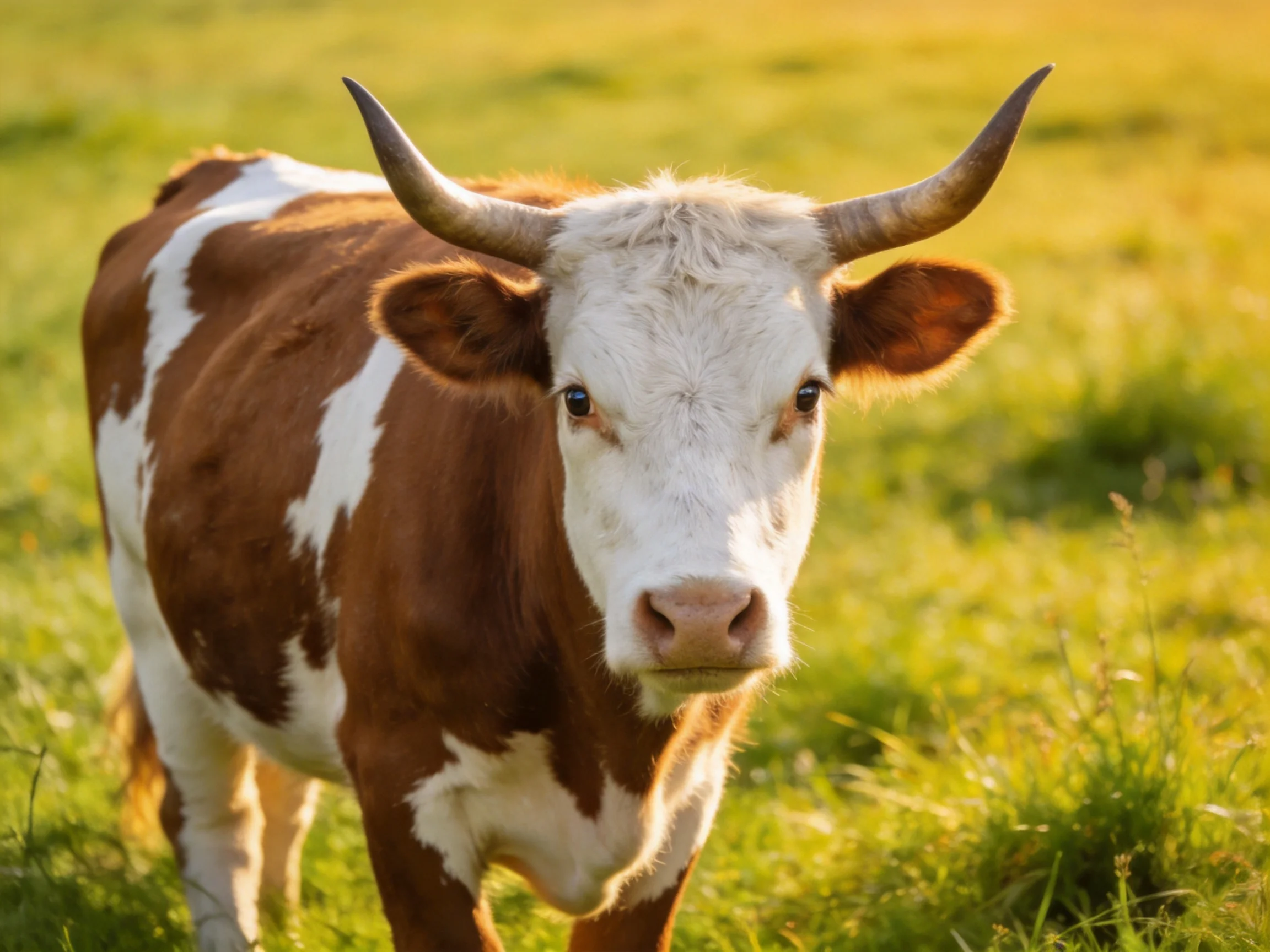 A brown and white horned cow stands in a sunlit green meadow