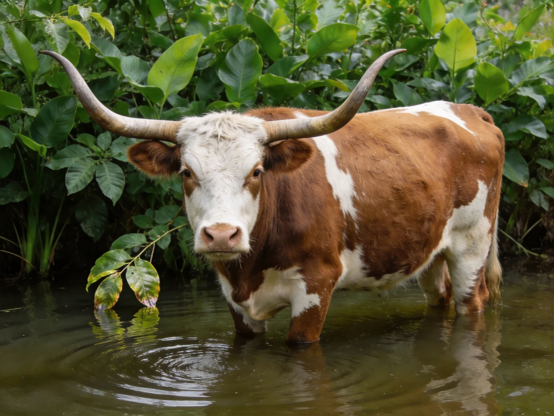 A brown and white horned cow stands in shallow water amid lush green vegetation