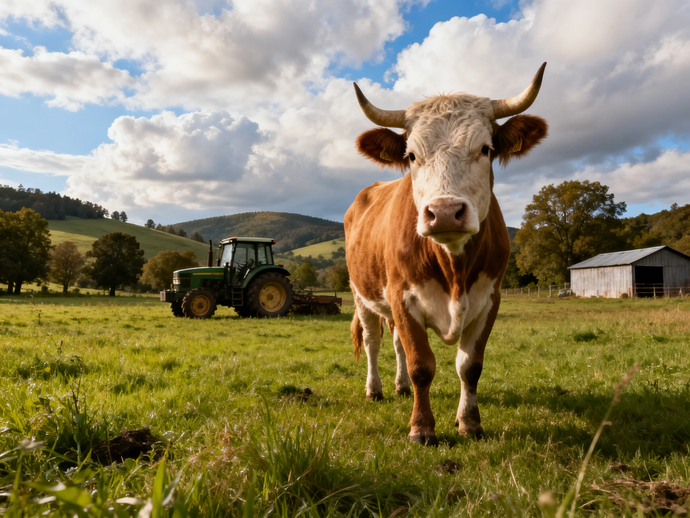 A brown and white horned cow stands near a green tractor in a lush field